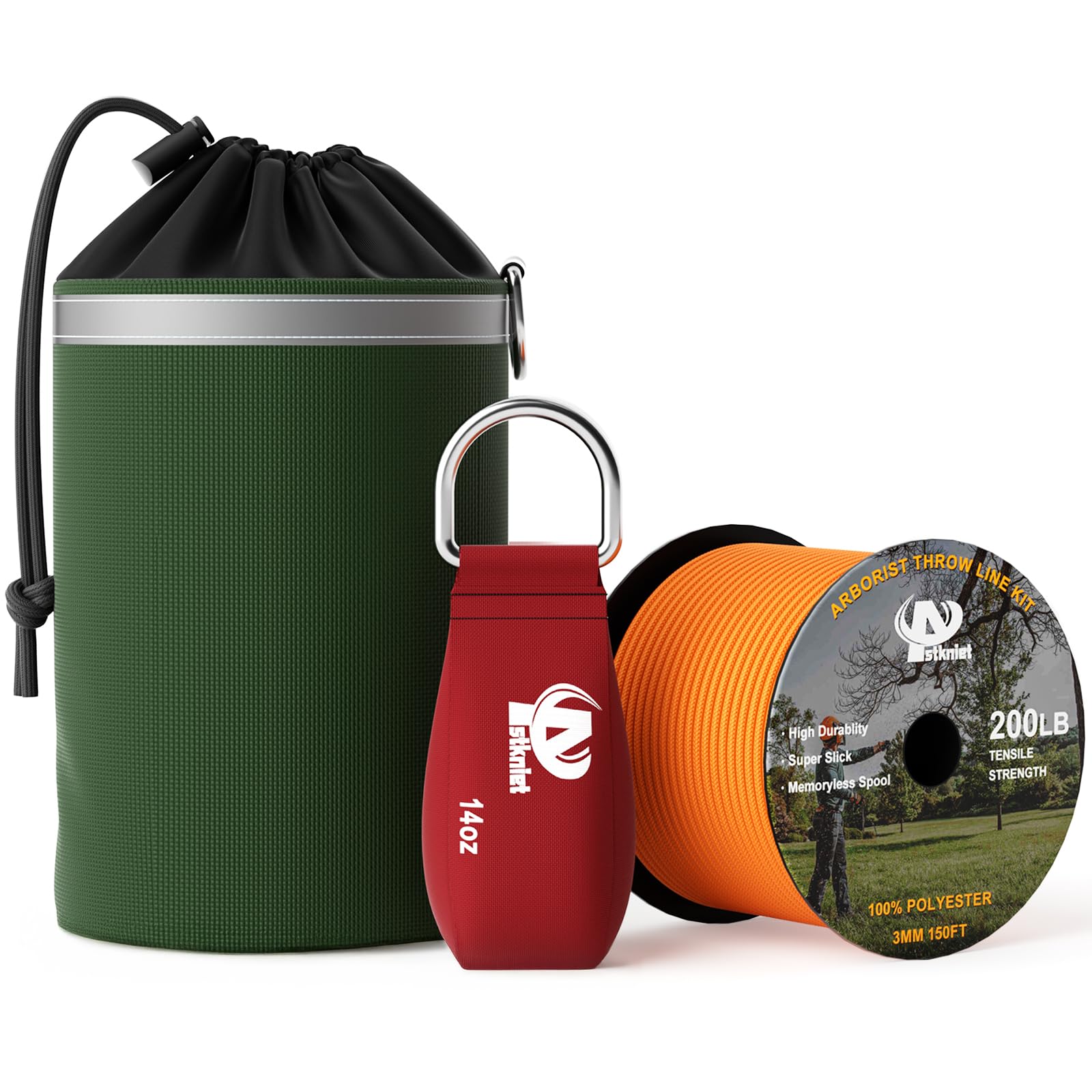 Aystkniet Arborist Throw Line Kit With Slick Rope & 14Oz Throw Weight & Reflective Storage Bag, Polyester Throw Line Spool And A