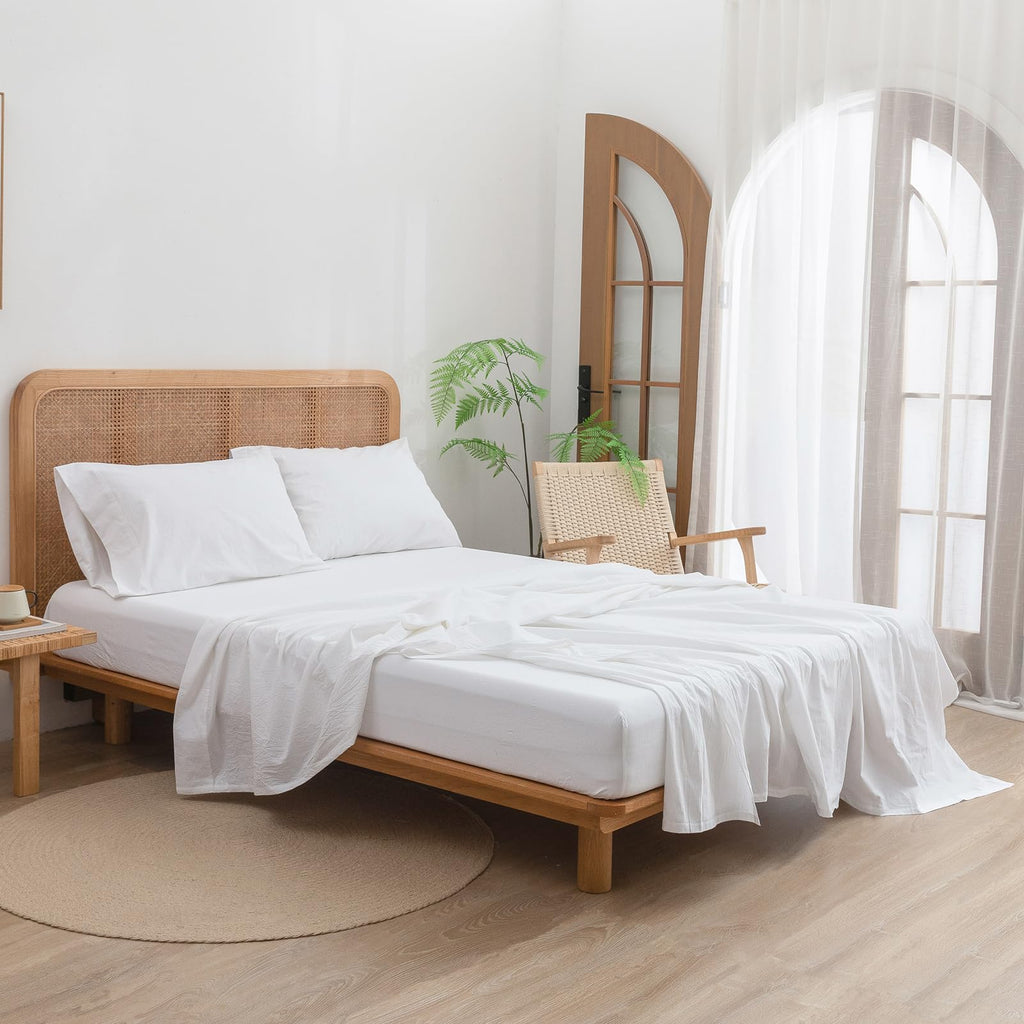 Bestouch Sheet Set 100% Washed Cotton Linen Feel Super Soft Comfortable Chic Lightweight 4 Pcs Home Bedding Set Solid Bright Whi