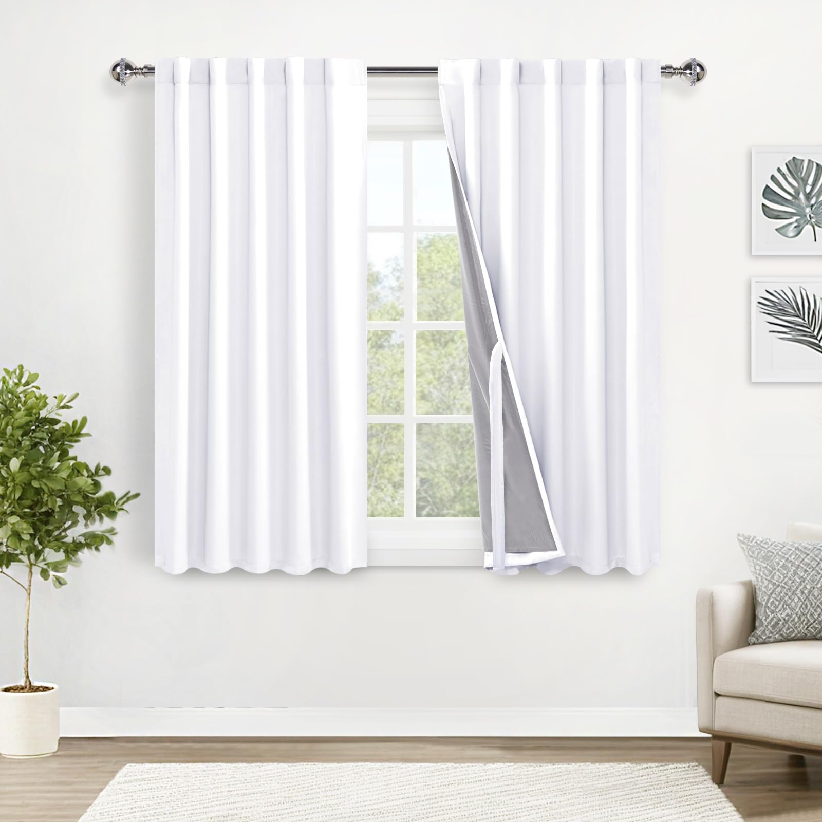Xwzo White 100% Blackout Curtains 54 Inches Long With Tiebacks- Rod Pocket & Back Tab Full Light Blocking Thermal Insulated Doub