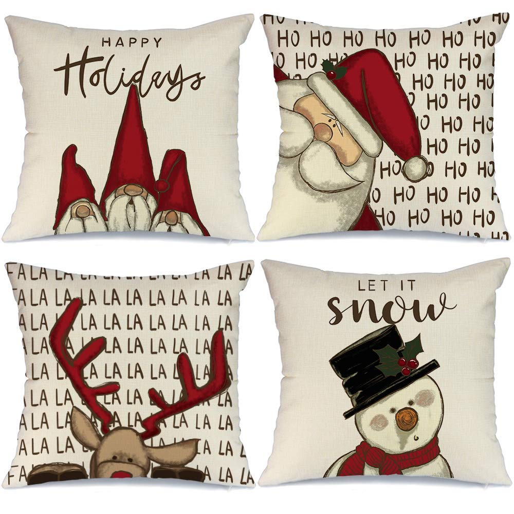 Geeory Christmas Decorative Pillow Covers 18 X 18 Inch Set Of 4, Gnomes Santa Claus Deer Snowman Rustic Winter Holiday Farmhouse