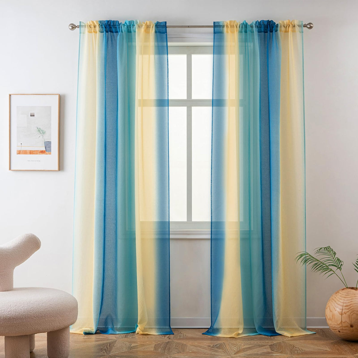 Yancorp Sheer Curtain 2 Panels Semi Bedroom Curtains 63 inches Length Linen Bluebeige Ombre Curtains Rod Pocket Drapes Girls Liv