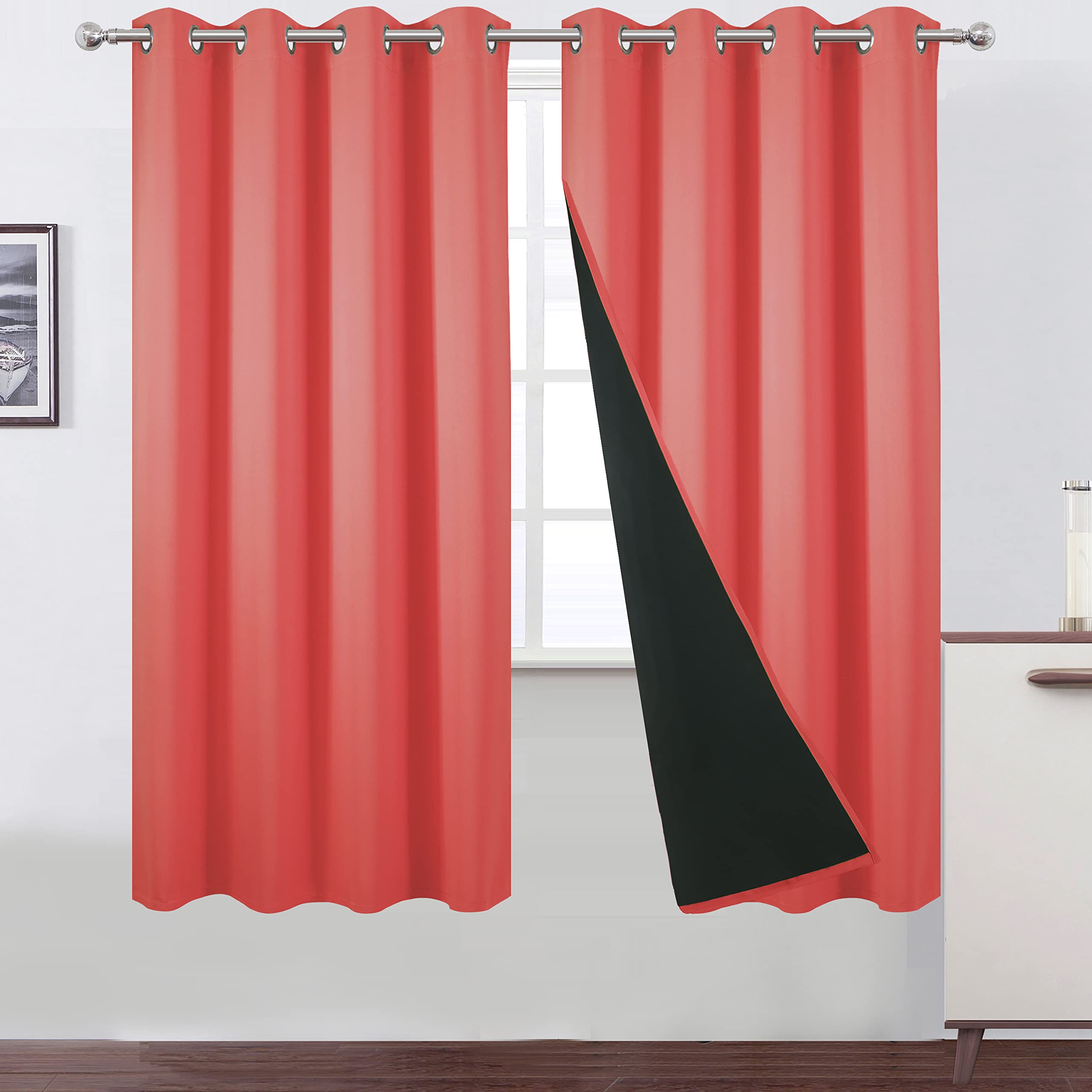 LEMOMO 100% Blackout Curtains 52 x 72 Inch/Coral Curtains 2 Panels with Black Lining Room Darkening Thermal Insulated Bedroom Cu