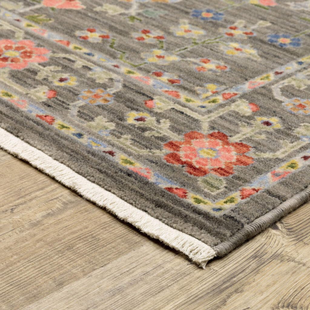 HomeRoots 509279 6 x 9 ft. Gray Salmon Pink Gold Blue Rust Deep Blue Ivory & Green Oriental Power Loom Stain Resistant Rectangle Area Rug with Fringe