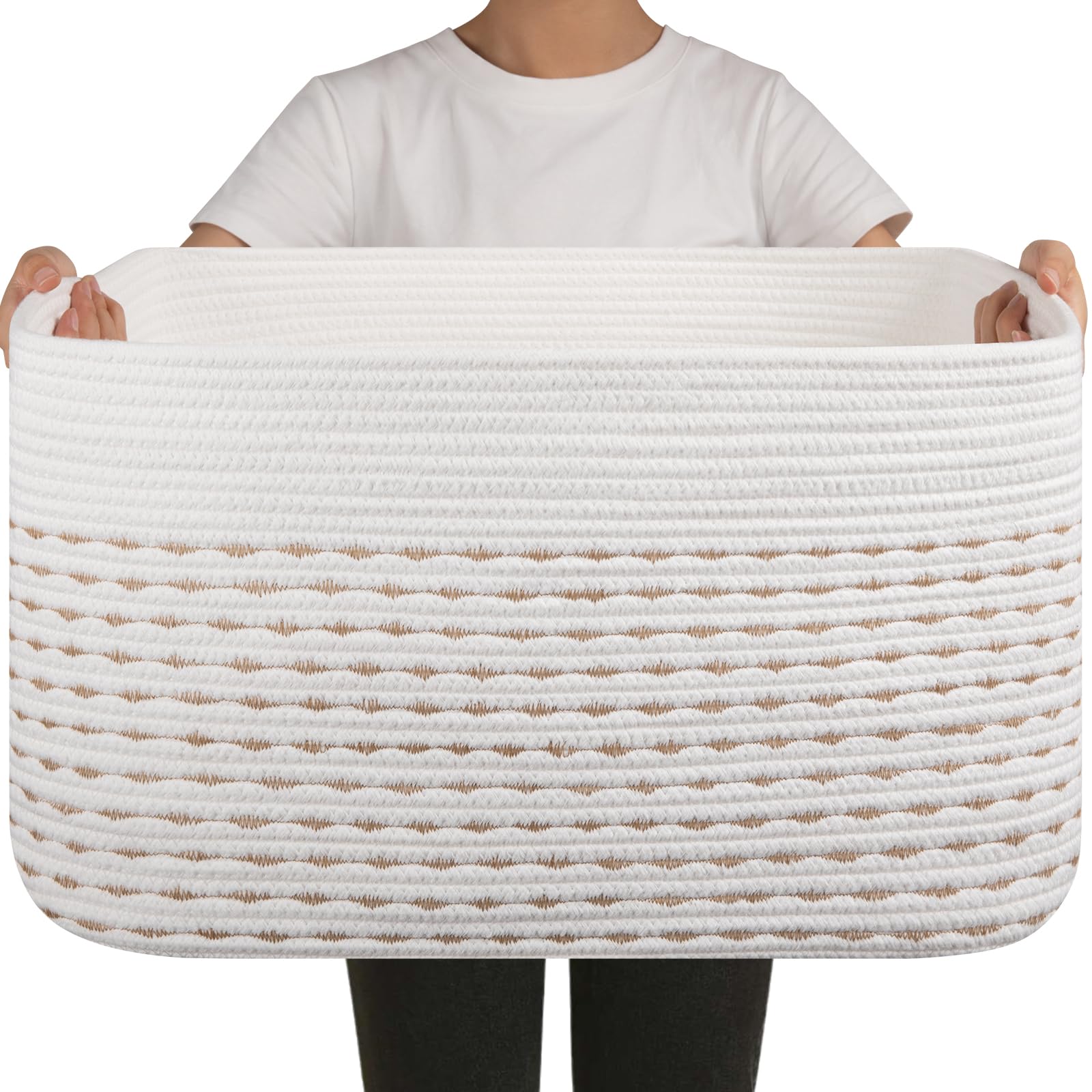 OIAHOMY 75L Blanket Basket, Woven Cotton Rope Basket for Organizing 22   x17   x12   , Used for Living Room, Bedroom, Nursery, L