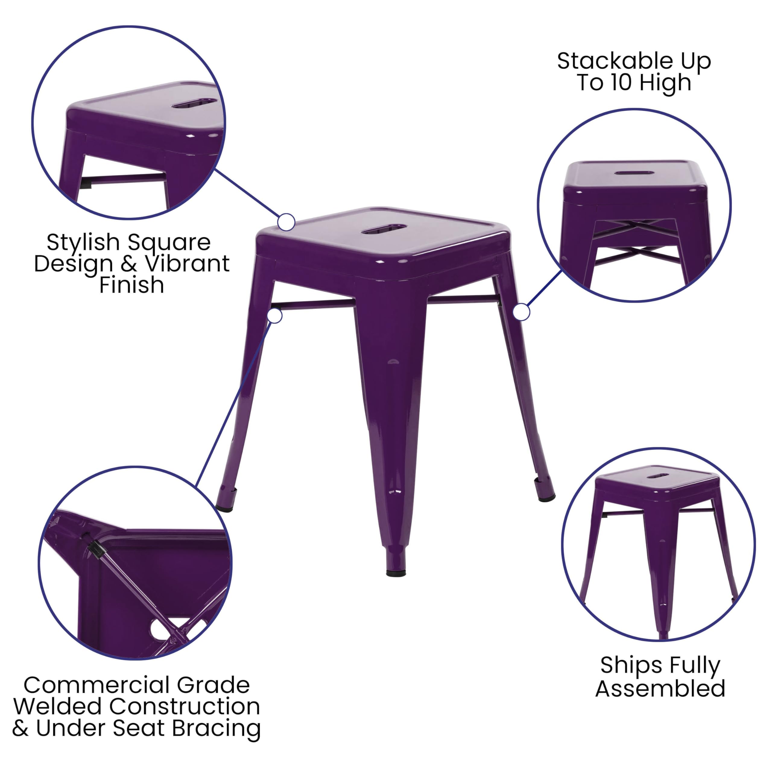 Flash Furniture Metal Dining Table Height Stool - Backless Purple Kai Commercial Grade Stool - 18 Inch Stackable Dining Chair - Set of 4