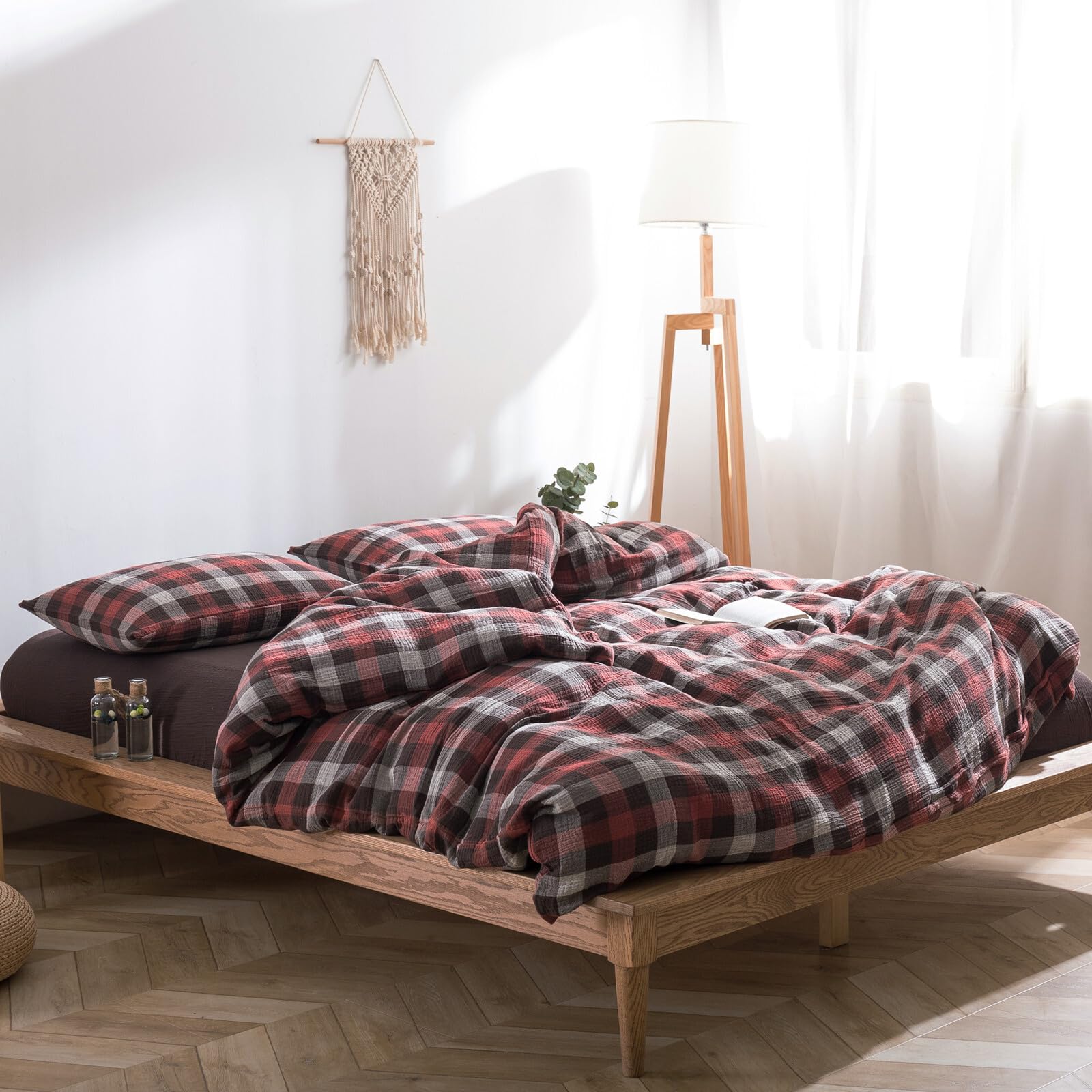 VM VOUGEMARKET Red Gingham Duvet Cover King Muslin Cotton Plaid Bedding Set Soft Breathable Linen Like Gauze Comforter Cover wit