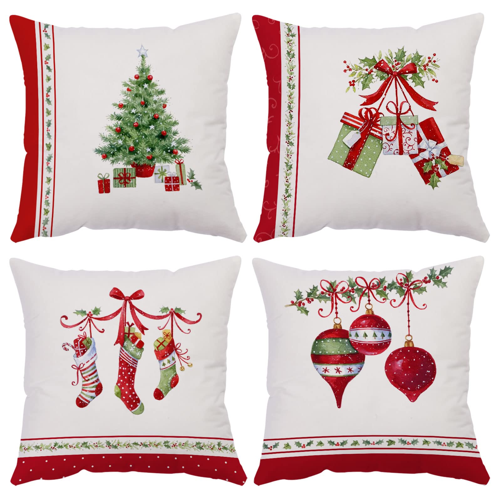 Yeeju Set Of 4 Merry Christmas Decorative Throw Pillow Covers Winter Holiday Xmas Velvet Pillow Cases Christmas Trees Socks Cush