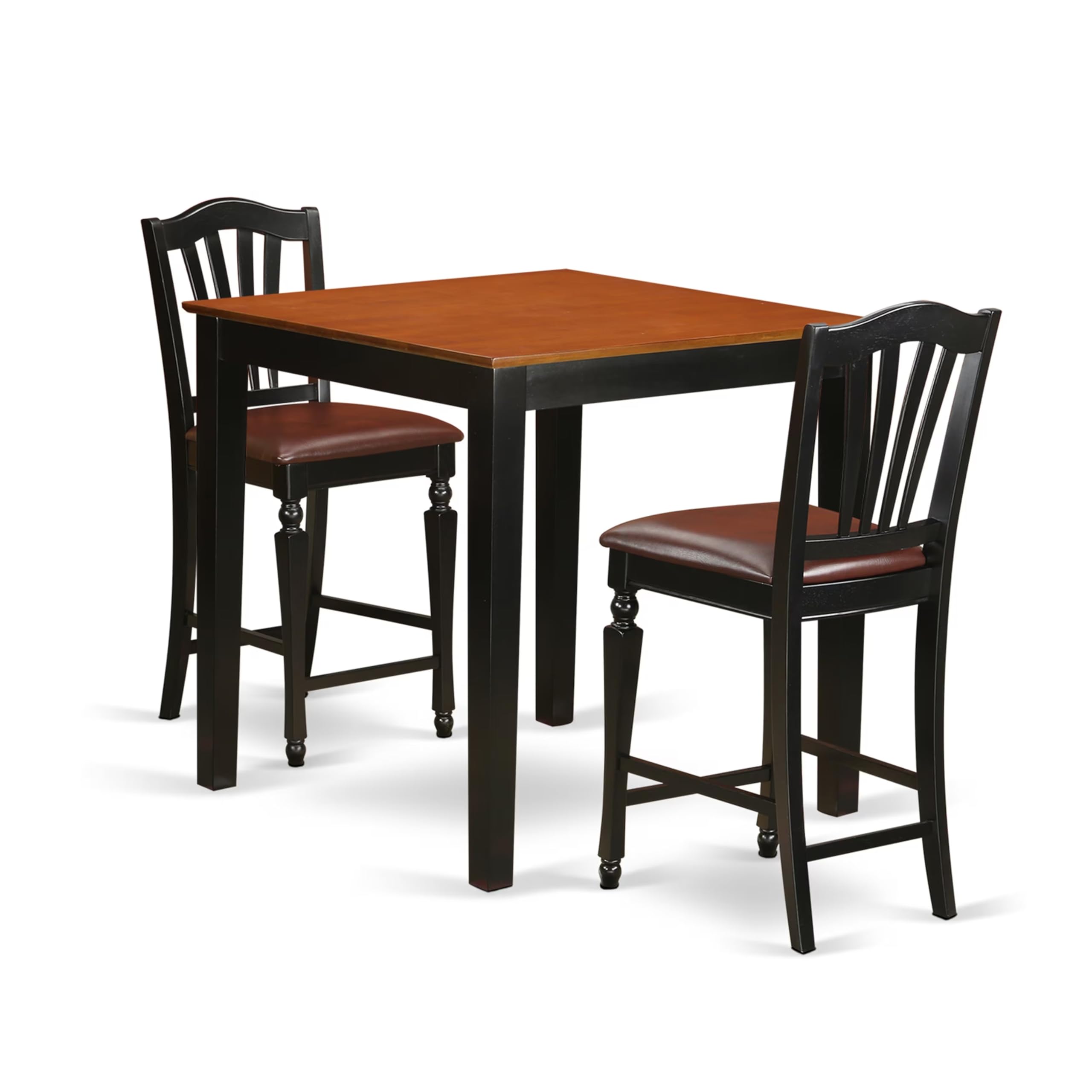 East West Furniture PBCH3-BLK-LC 3 Piece Kitchen Counter Height Dining Table Set Contains a Square Pub Table and 2 Faux Leather Upholstered Chairs, 36x36 Inch, Black & Cherry