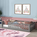 Tatub Twin Floor Bed With Safety Guardrails And Door And Slats, Wood Kids Montessori Floor Bed Frame For Girls And Boys, Twin-Grey Without Door
