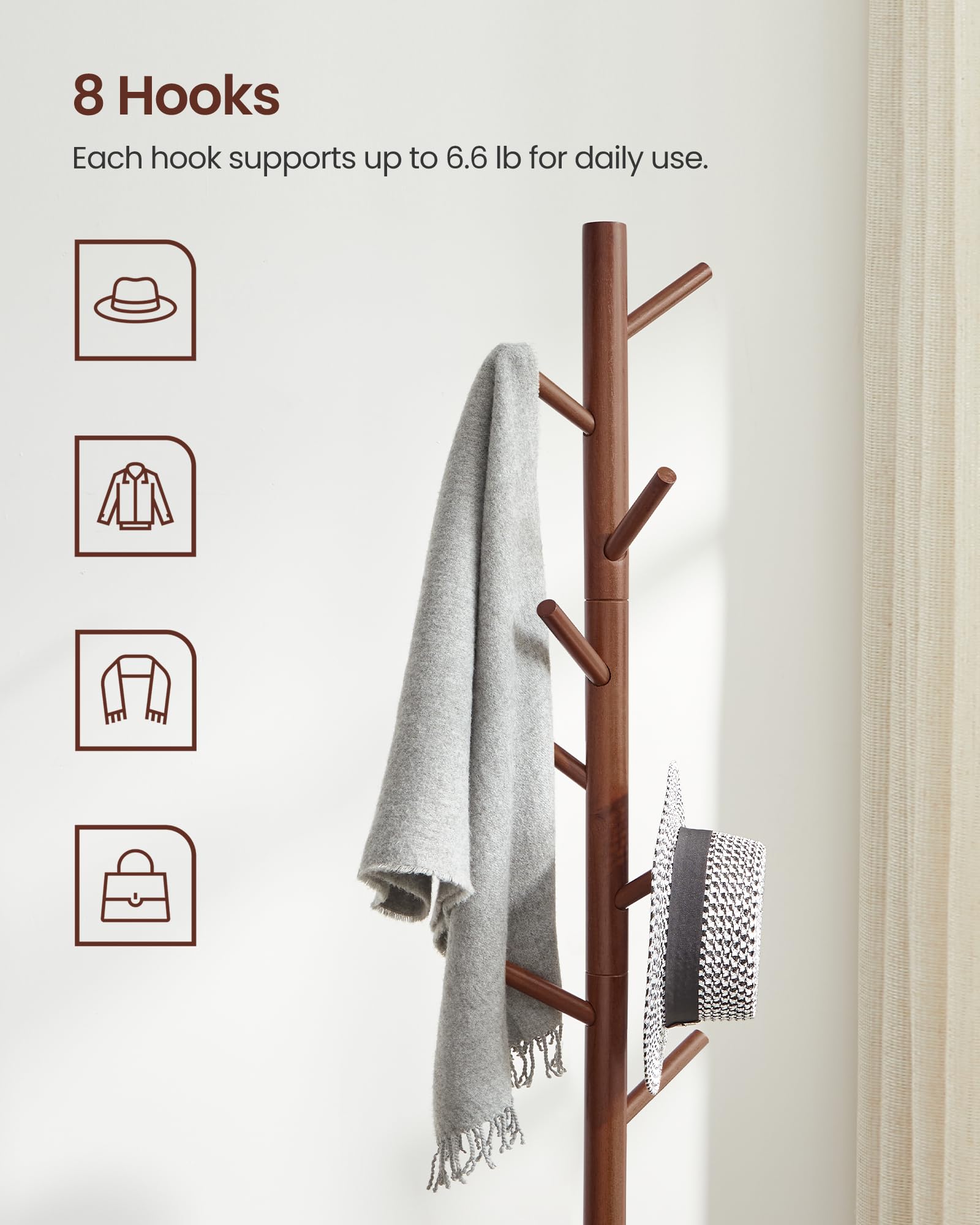 Vasagle Solid Wood Coat Rack, Free Standing Coat Rack, Tree-Shaped Coat Rack With 8 Hooks, 3 Height Options, For Clothes, Hats, Bags, For Living Room, Bedroom, Home Office, Dark Walnut Urcr04Wn