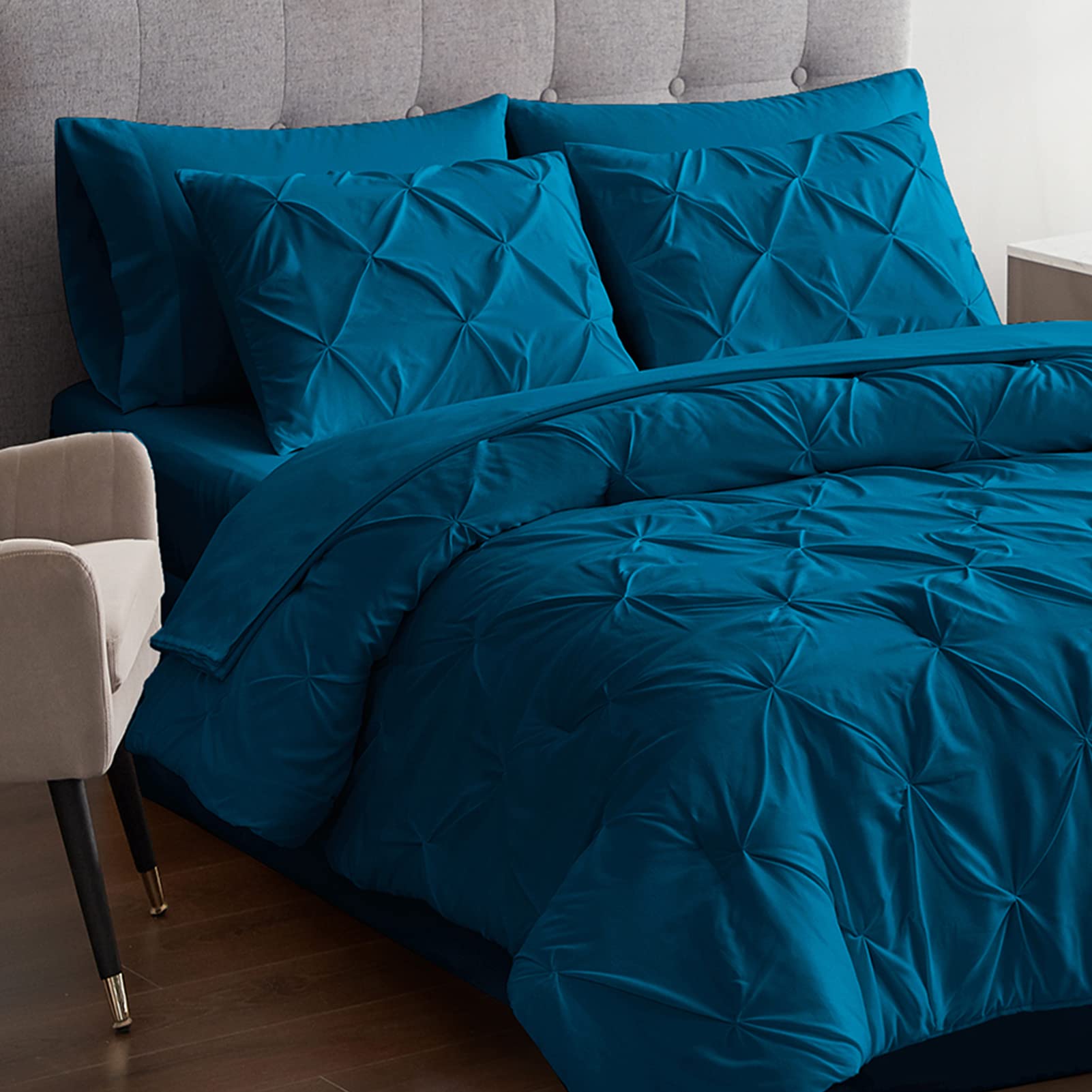 Maple&Stone Queen Teal Comforter Set 7 Pieces Pinch Pleat Bed In A Bag, Flat Sheet, Fitted Sheet, Pillowcases, Pillow Shams, Com