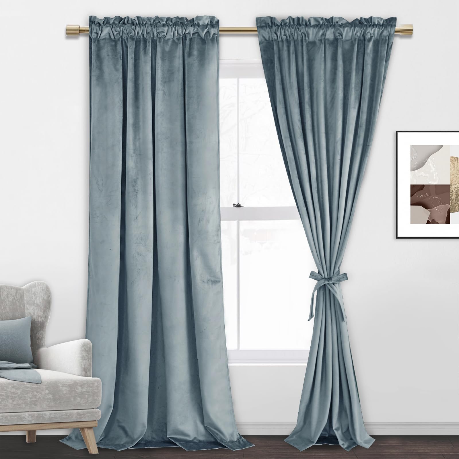 Jiuzhen Stone Blue Velvet Curtains Room Darkening & Noise Reducing Rod Pocket Window Drapes For Bedroom/Living Room/Office/Bathr