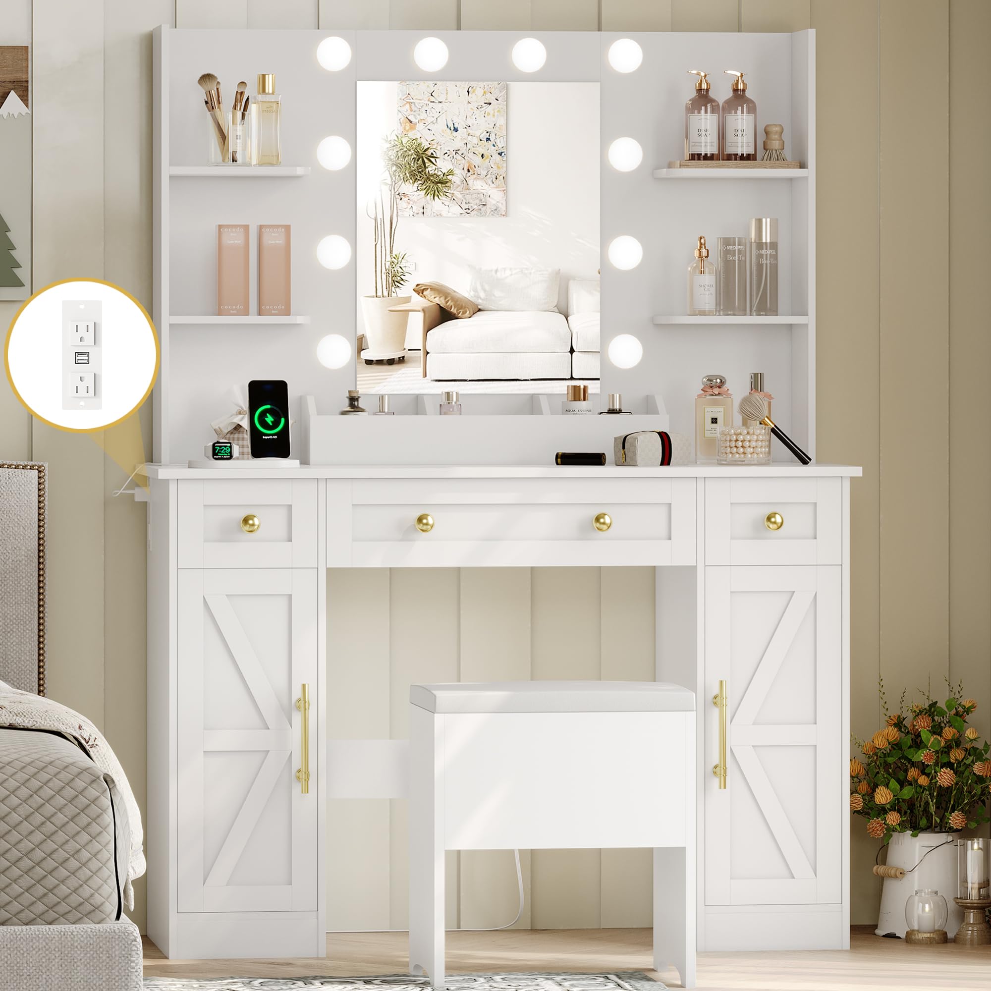 Vanity Makeup Desk with Mirror and Lights, Farmhouse Vanity Table Set with Storage Drawers, Charging Station & Chair, 43 Large R