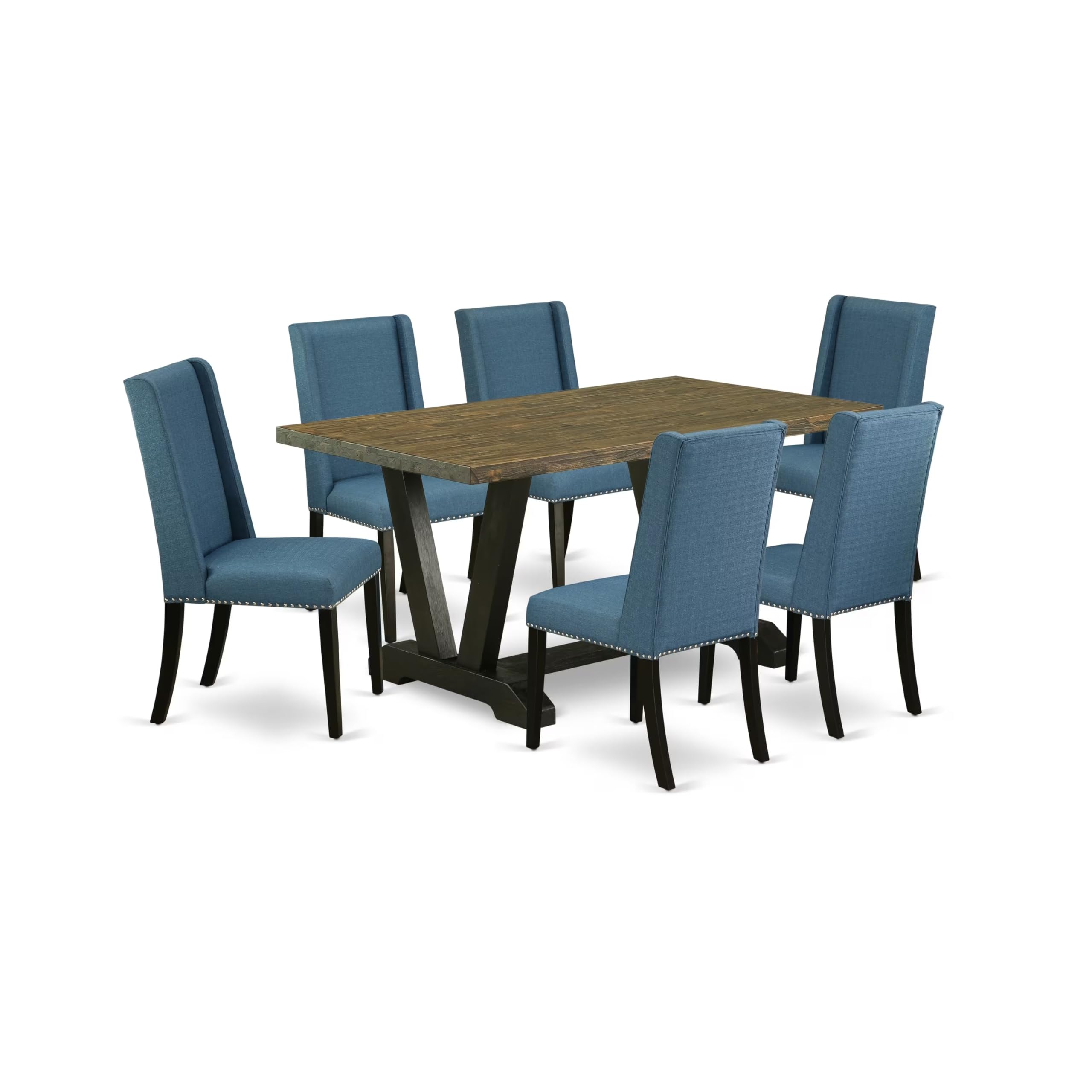 East West Furniture V676Fl121-7 7 Piece Dining Room Table Set Consist Of A Rectangle Dining Table With V-Legs And 6 Blue Linen Fabric Upholstered Chairs, 36X60 Inch, Multi-Color