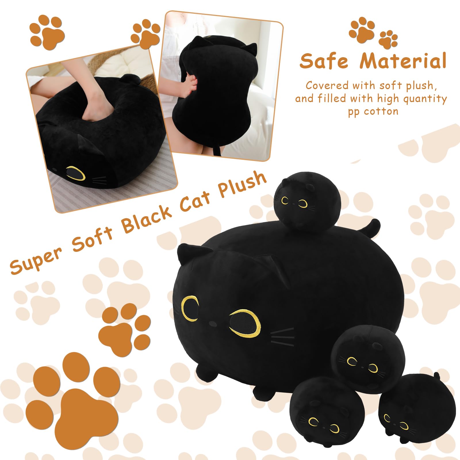 Toysym Black Cat Stuffed Animal Mommy Cat Plush Toys With 4 Squishy Baby Black Cat In Her Tummy Soft Cute Hugging Pillows For Bo