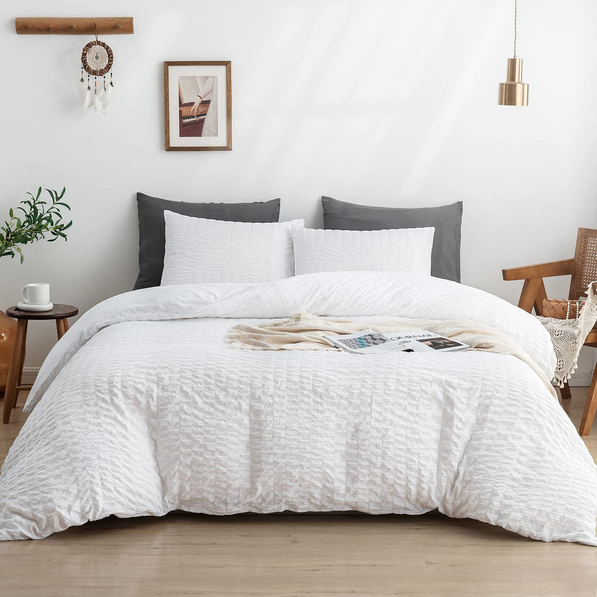 Warmdern Duvet Cover Set King Size, 3Pcs Washed Microfiber White Bedding Set, Soft Breathable Striped Textured Seersucker Duvet