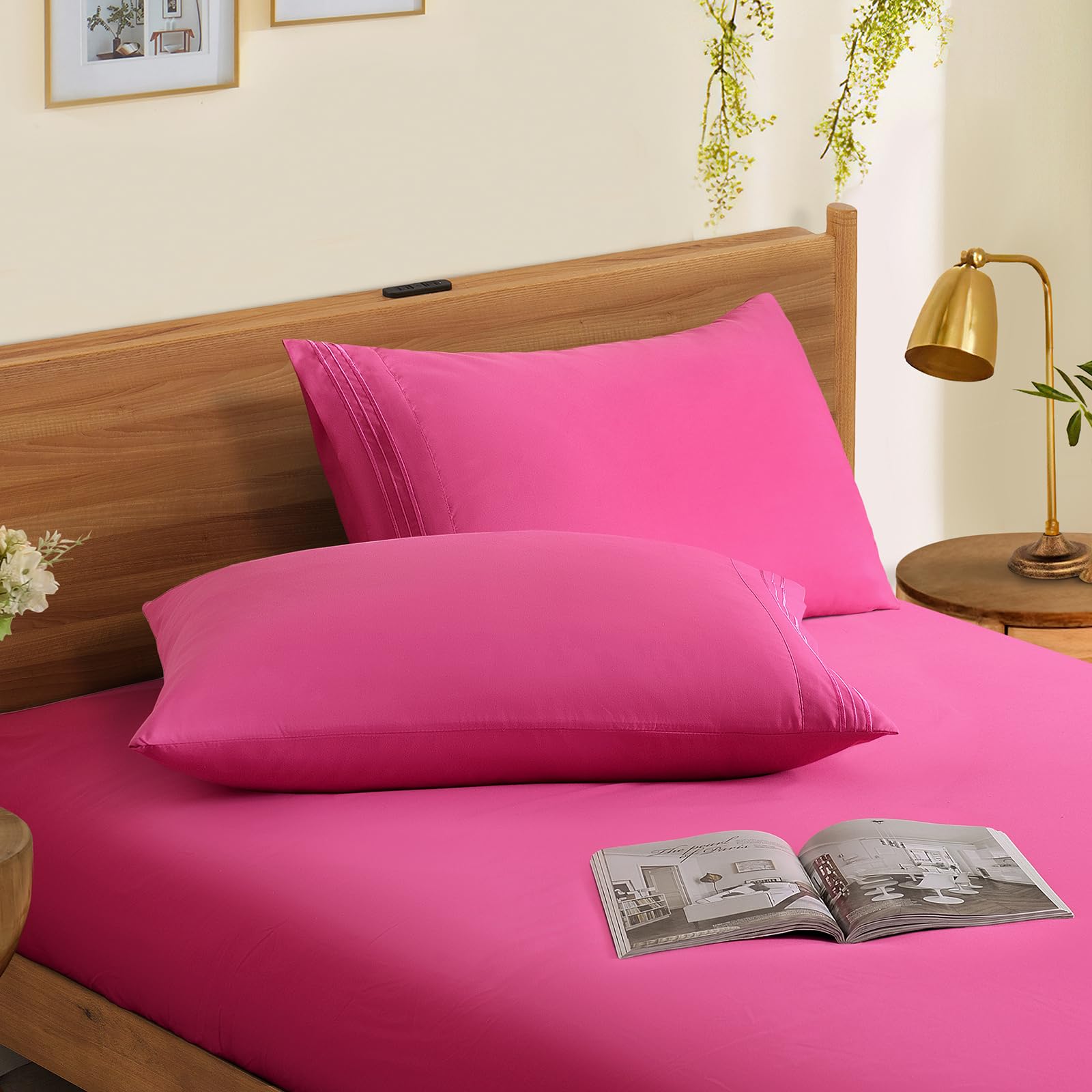 Horbaunal 2 Pack Microfiber Pillowcases Standard Size Hot Pink Bed Pillow Cases With Envelope Closure, 1800 Thread Count Soft &
