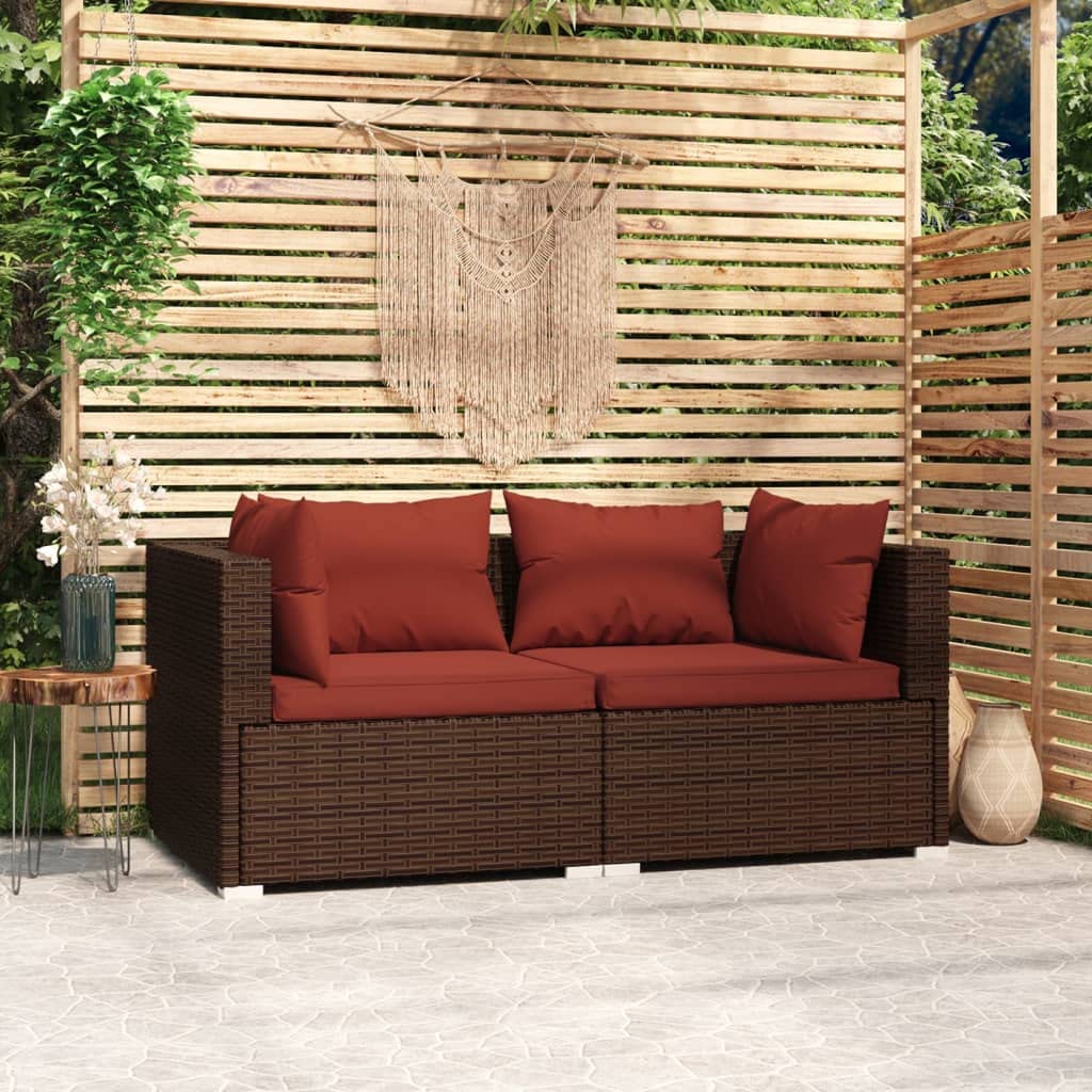 vidaXL Poly Rattan Patio Loveseat with Cushions - 2-Seater Outdoor Lounge Set in Brown and Cinnamon Red - Fabric Cushions