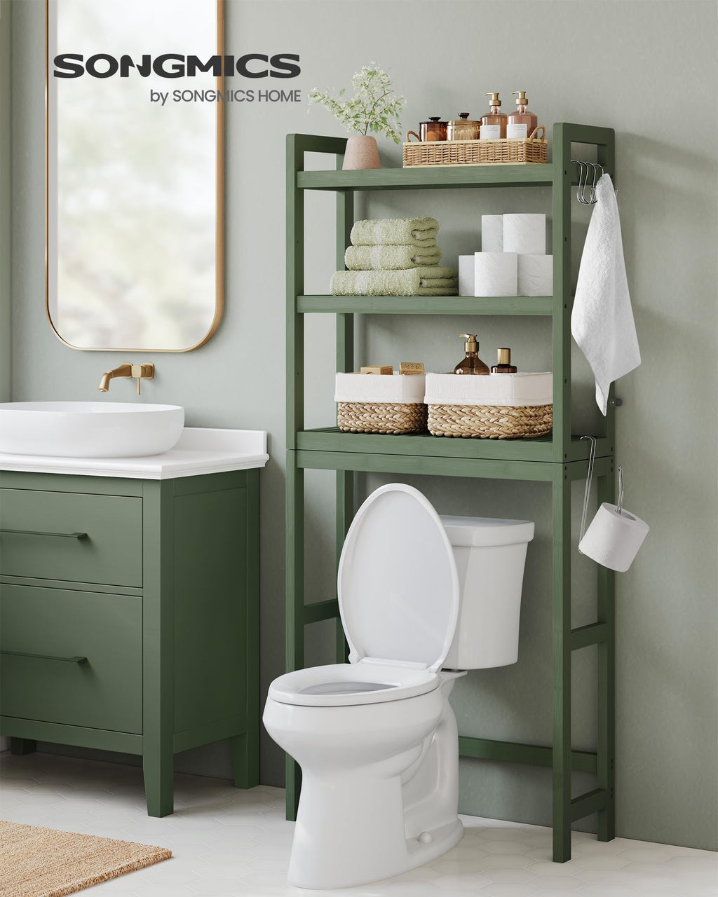 Songmics Over The Toilet Storage, 3-Tier Over Toilet Bathroom Organizer With Adjustable Shelf, Fit Most Toilets, Space-Saving, Forest Green Ubts001C01