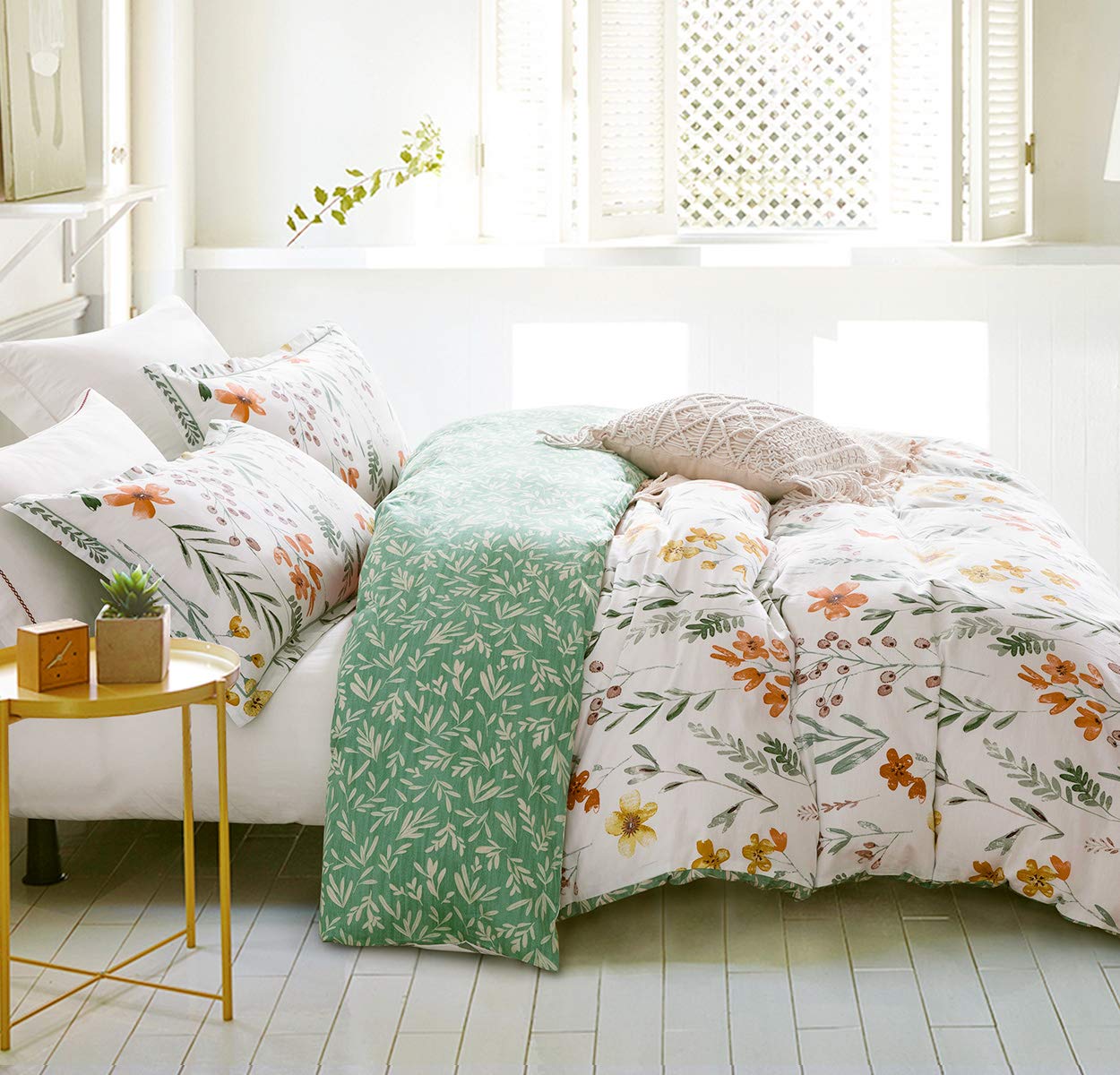 Sleepbella Twin Size Comforter Set Yellow Flowers & Green Botanical Pattern Printed On White 100% Cotton Fabric, Ultra Soft Micr
