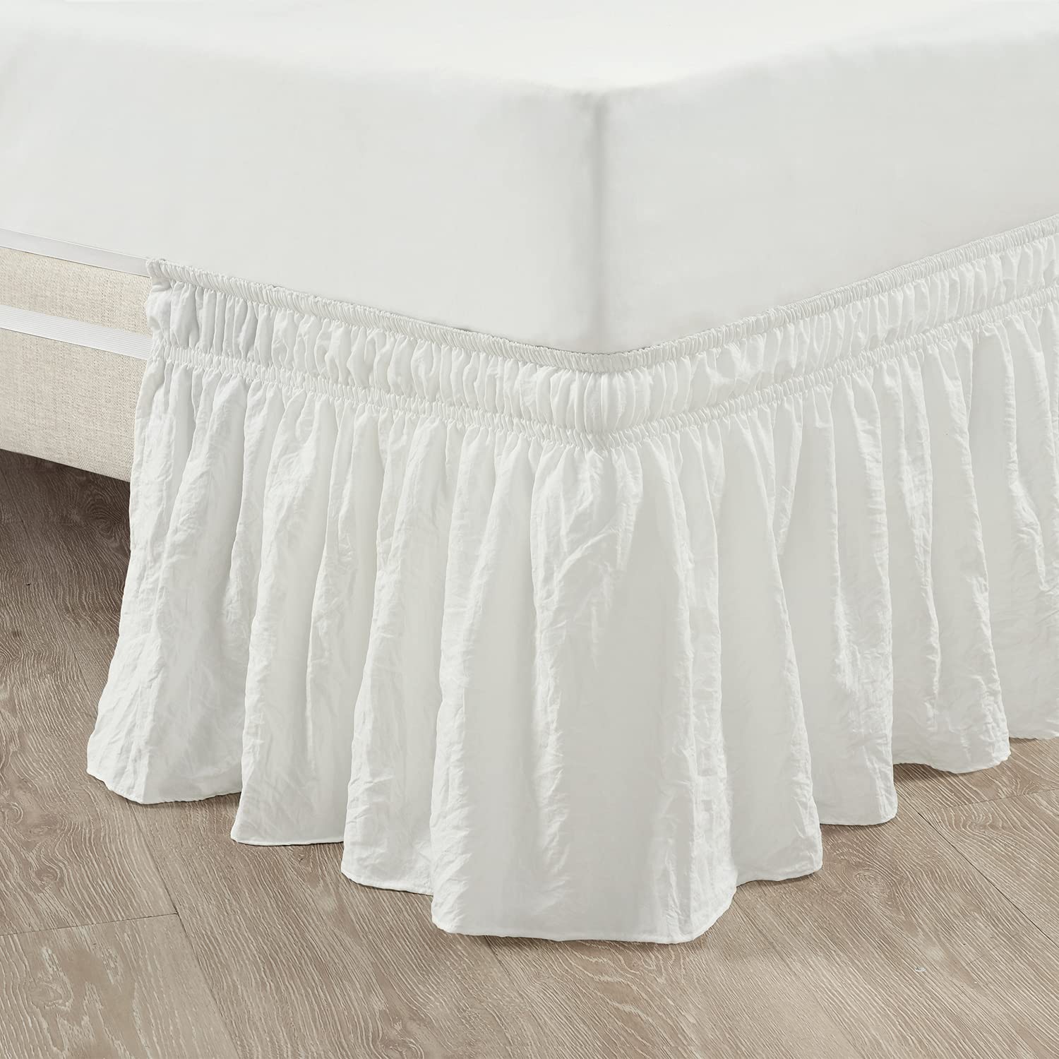 Lush Decor Ruched Ruffle Elastic Easy Wrap Around Bedskirt, Queen/King/Cal King, White