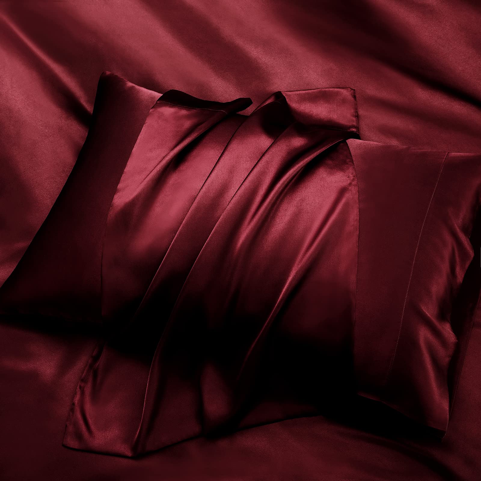 P Pothuiny 6 Pieces Full Satin Sheets Luxury Silky Burgundy Satin Bedding Sheet Set, 1 Deep Pocket Fitted Sheet + 1 Flat Sheet +