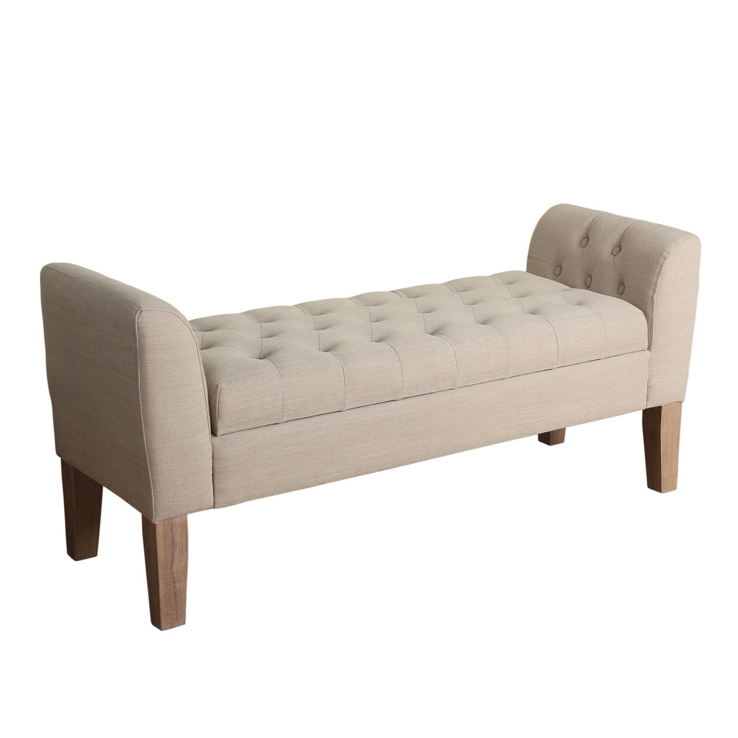 Benjara Wooden Bench With Button Tufted Lift Top Storage, Beige And Brown