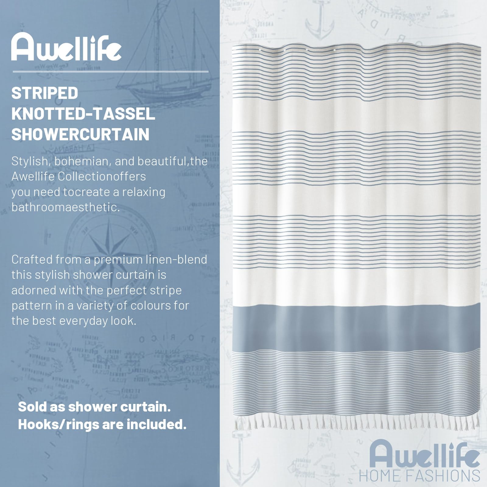 Awellife Blue Shower Curtain Beach Ocean Coastal Nautical Shower Curtain For Bathroom Stripe Tassel Shower Curtain 72 X 72 Inches Cotton Linen