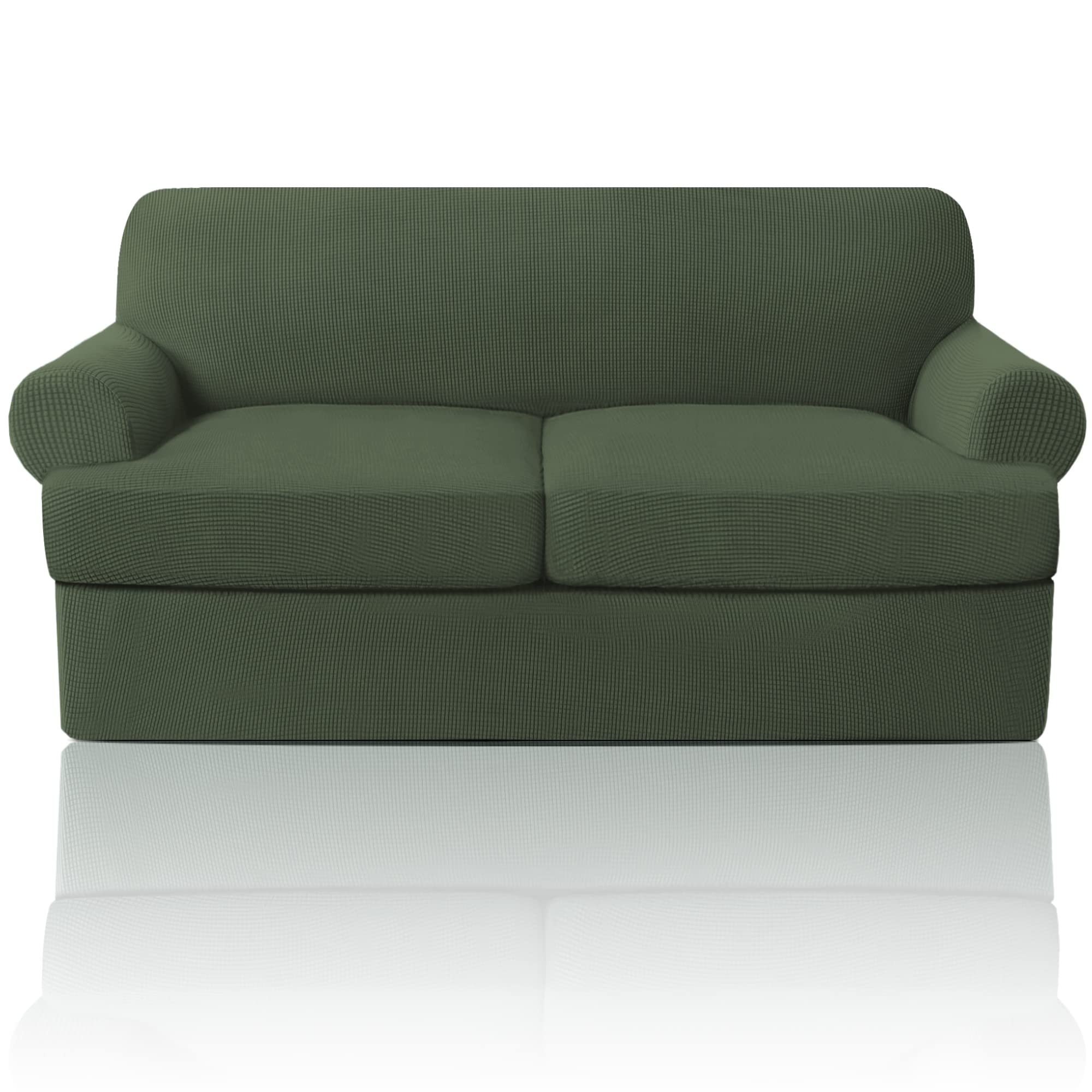 Princedeco T Cushion Loveseat Slipcover 3 Pieces Sofa Covers For T Cushion Sofa Stretch Sofa Covers For 2 Cushion Couch With 2 Individual T Cushion Shape Seat Covers Machine Washable, Bronze Green