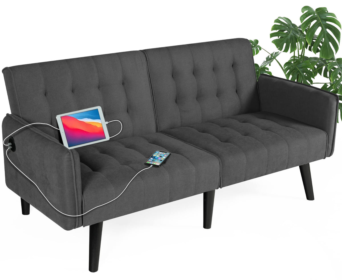TYBOATLE 65 Modern Fabric Linen Upholstered convertible 2 USB Ports Folding Futon couch Sofa Bed, Foldable Loveseat Furniture fo