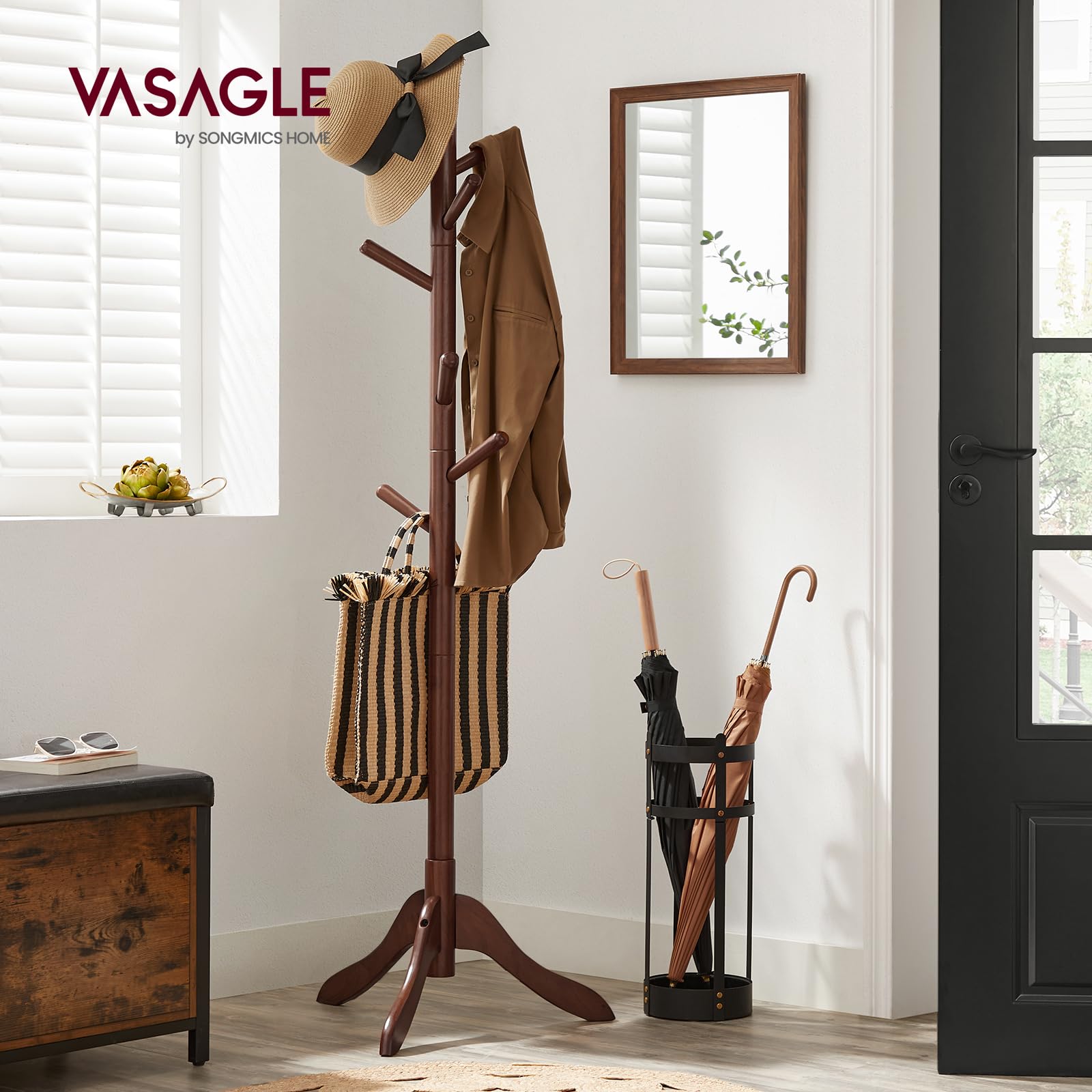 Vasagle Solid Wood Coat Rack, Free Standing Coat Rack, Tree-Shaped Coat Rack With 8 Hooks, 3 Height Options, For Clothes, Hats, Bags, For Living Room, Bedroom, Home Office, Dark Walnut Urcr01Wn