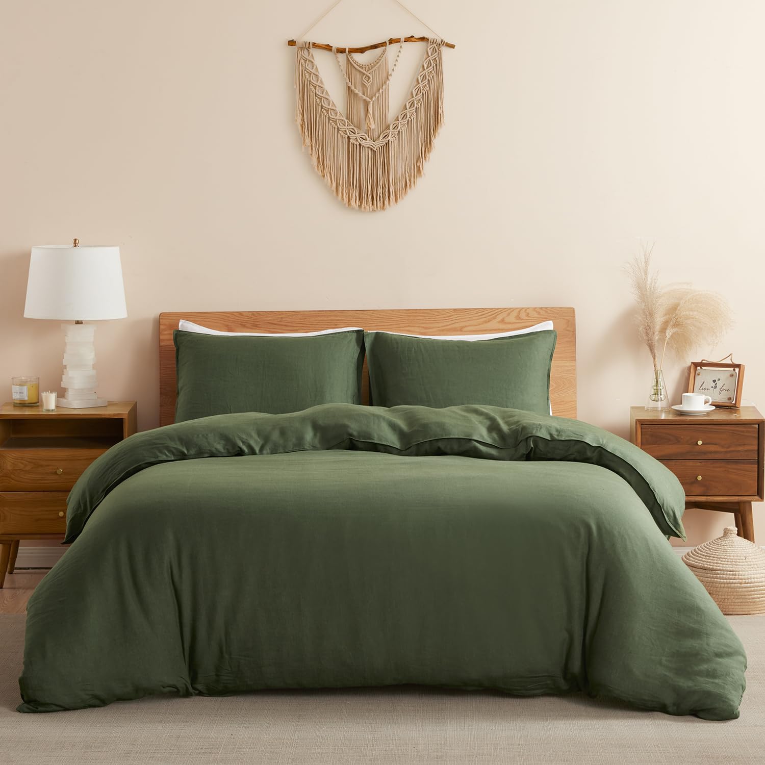 Dapu 100% Linen Olive Green Duvet Cover Set - Pure Natural French Flax Linen With 8 Corner Ties And Zipper Closure Soft Breathab