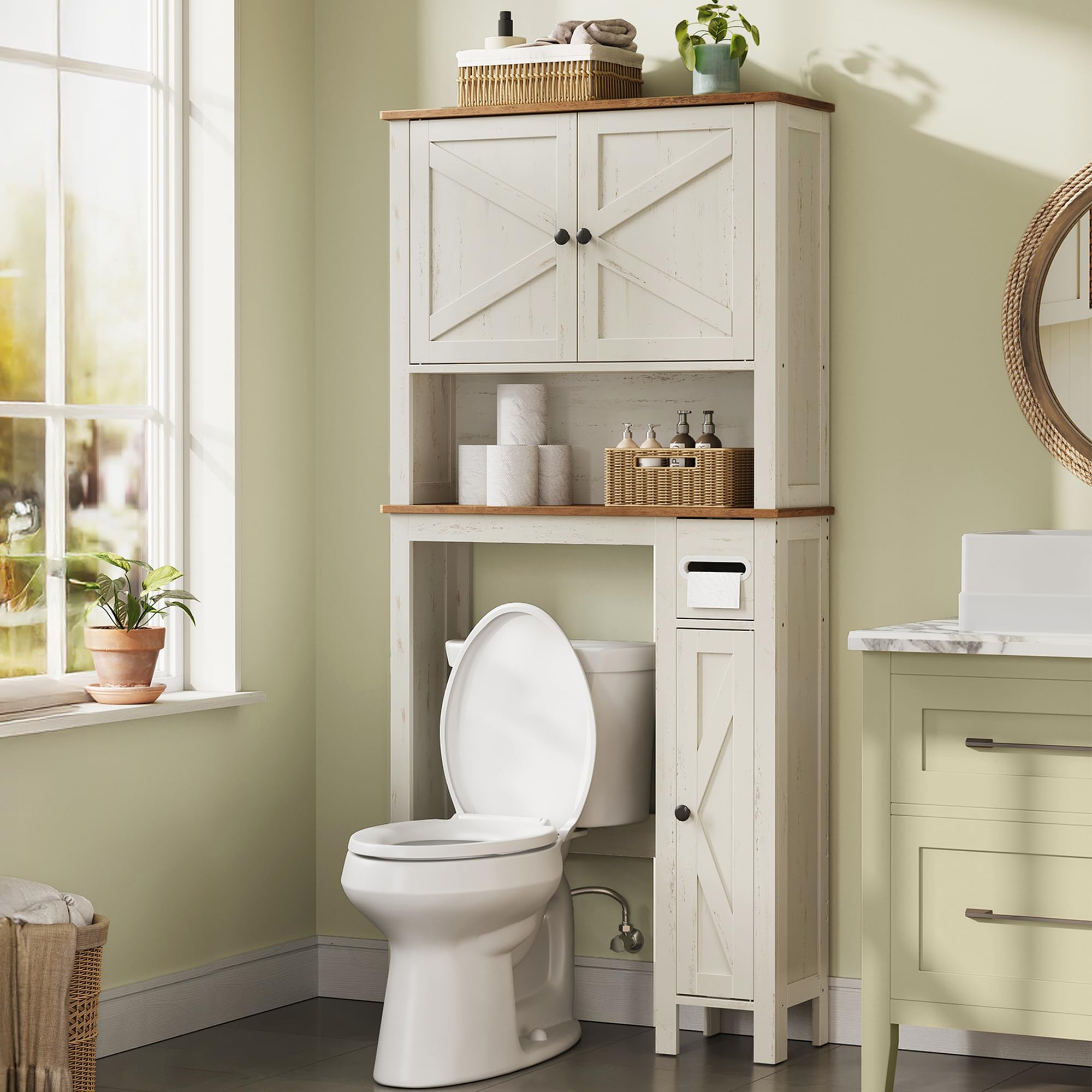 VASAGLE LIRY Collection - Over-the-Toilet Storage Cabinet, 31.3-Inch Wide Farmhouse Bathroom Organizer, Barn Doors, Toilet Paper