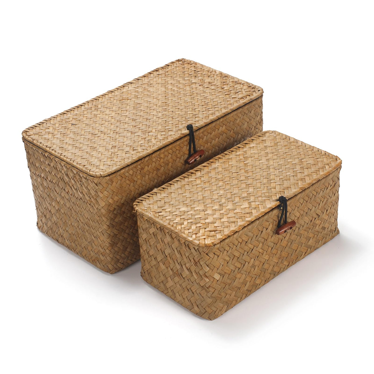 DOKOT Rectangular Seagrass Storage Basket with Lid, Natural, Set of 2 (M+S)