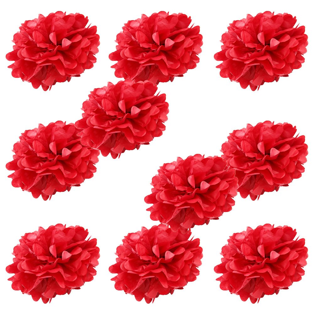 WYZworks Set of 10 - RED 10 - (10 Pack) Tissue Pom Poms Flower Party Decorations for Weddings, Valentine, Birthday, Lunar New Ye