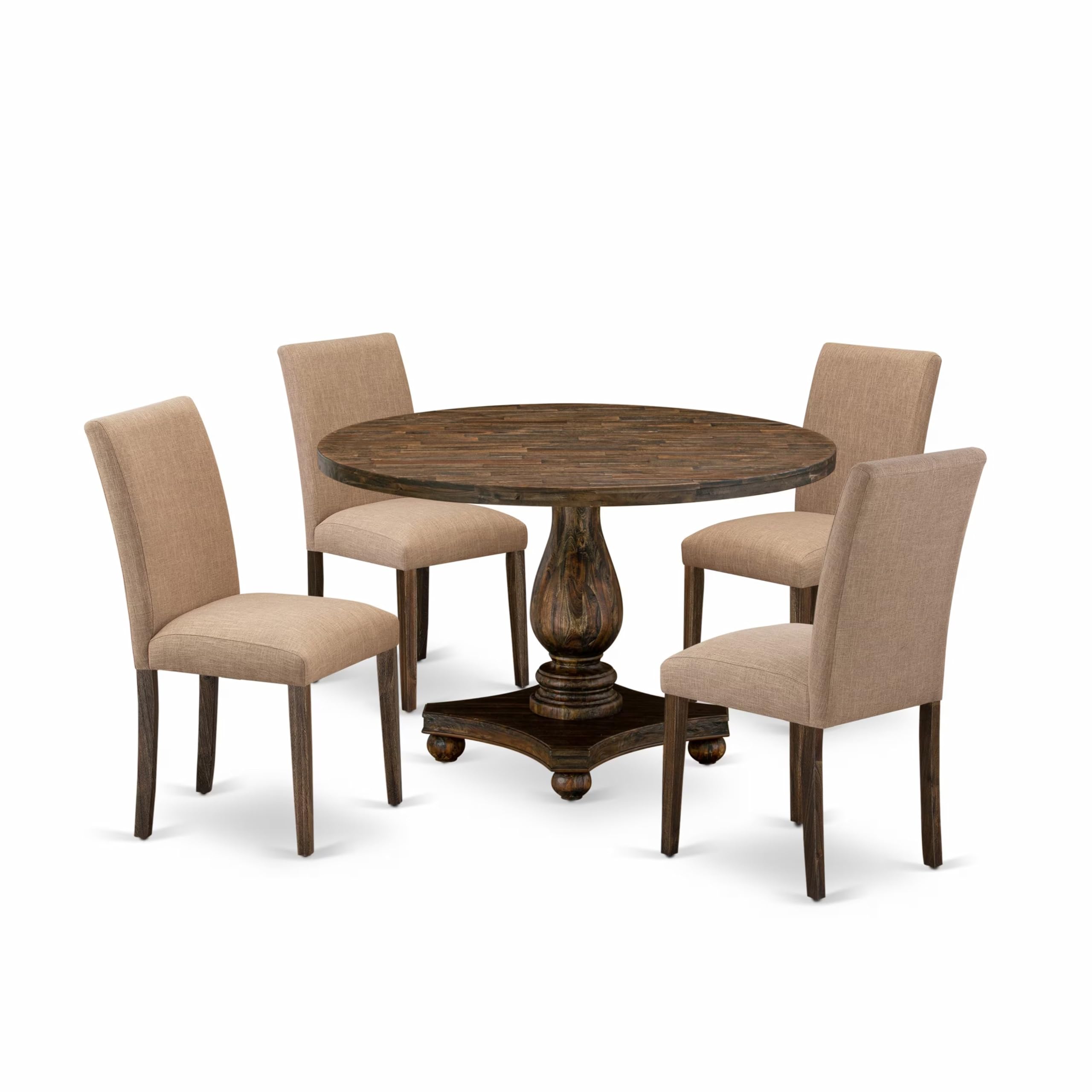 East West Furniture I2AB5-747 5 Piece Dining Table Set for 4 Includes a Round Kitchen Table with Pedestal and 4 Light Sable Linen Fabric Upholstered Chairs, 48x48 Inch, Distressed Jacobean