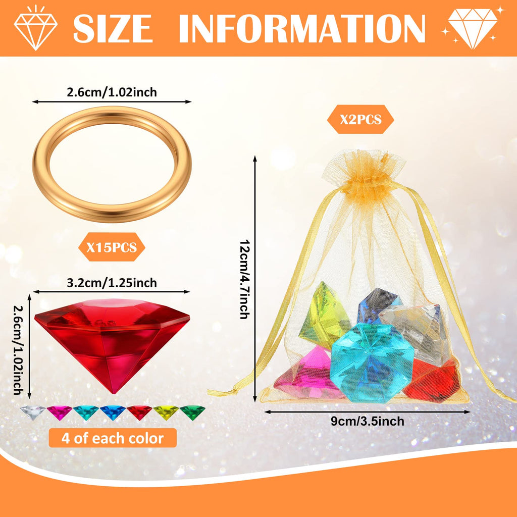 Chalyna 45Pcs Acrylic Diamond Gem Jewelry Alloy Gold Round Ring Set Halloween Party Favor Pirate Treasure Hunting Cake Decor Wit