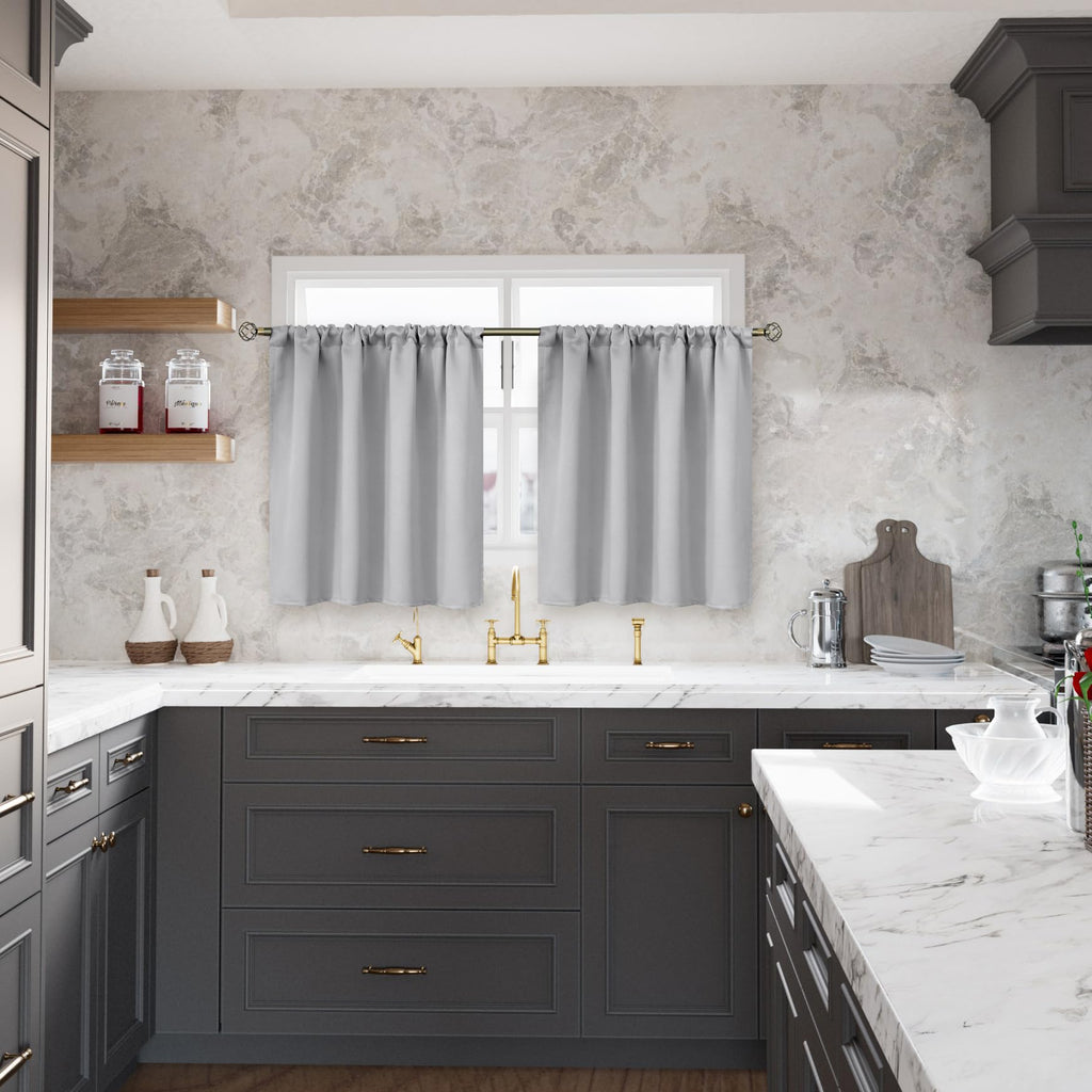 Bgment Small Half Window Curtains 30 Inches Length For Kitchen Over Sink - Rod Pocket Short Drapes For Cafe Bathroom Basement Rv Camper Privacy Decorative, Light Grey, 2 Panels, 29 X 30 Inch