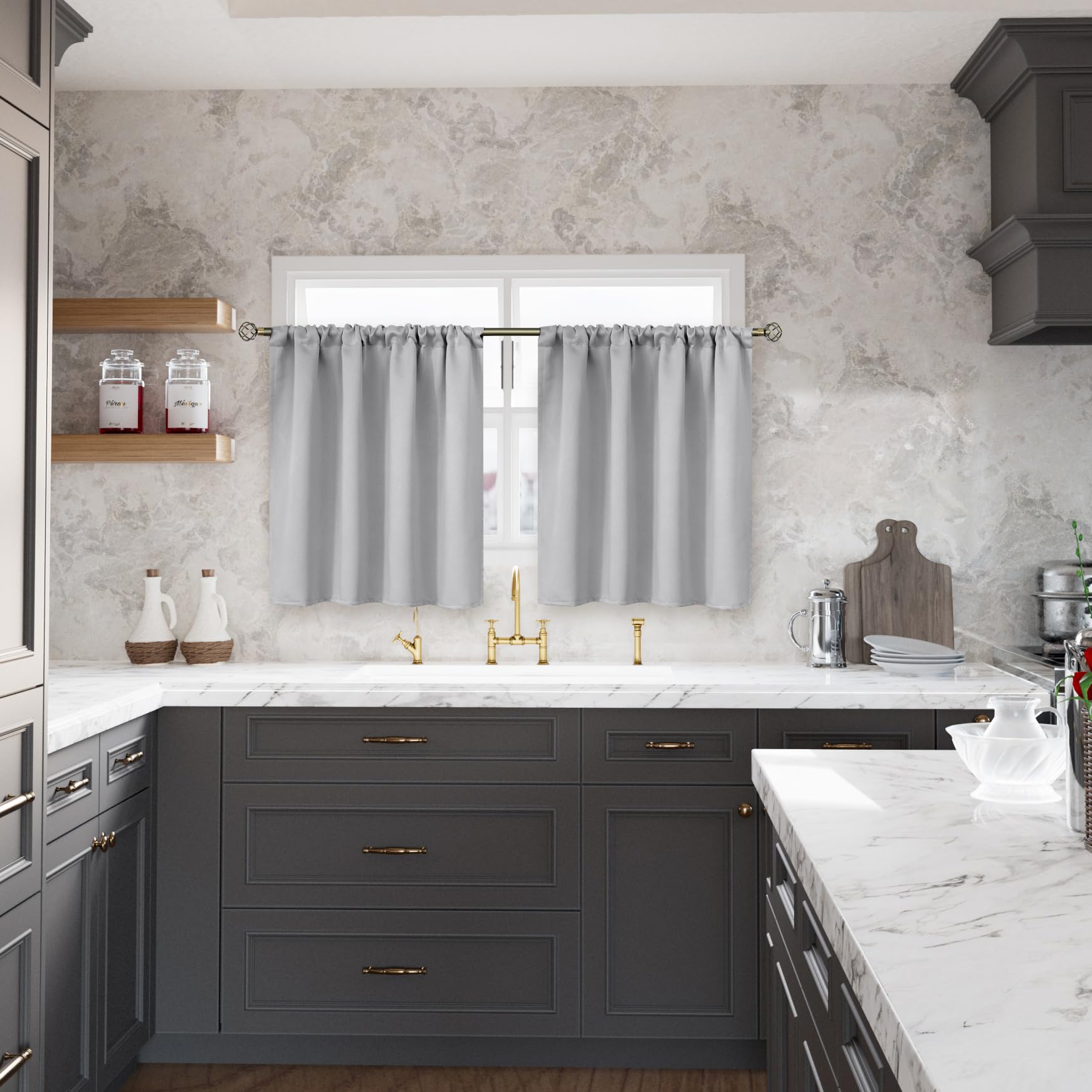 Bgment Small Half Window Curtains 30 Inches Length For Kitchen Over Sink - Rod Pocket Short Drapes For Cafe Bathroom Basement Rv Camper Privacy Decorative, Light Grey, 2 Panels, 29 X 30 Inch