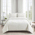 Fredsure Distressed Velvet Quilt Set, 3 Pieces Light Ivory Queen, Distressed Velvet Face And Brushed Microfiber Reverse With Dia