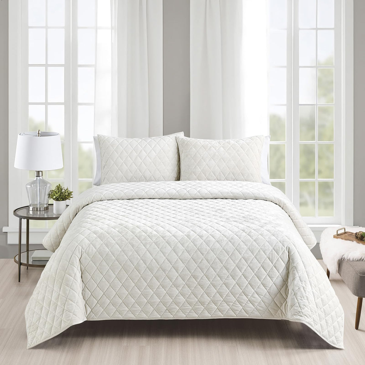 Fredsure Distressed Velvet Quilt Set, 3 Pieces Light Ivory Queen, Distressed Velvet Face And Brushed Microfiber Reverse With Dia