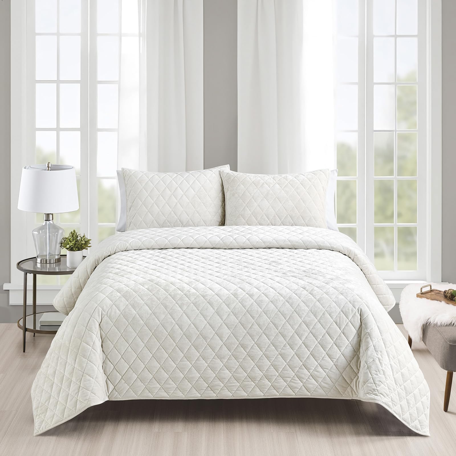 Fredsure Distressed Velvet Quilt Set, 3 Pieces Light Ivory Queen, Distressed Velvet Face And Brushed Microfiber Reverse With Dia