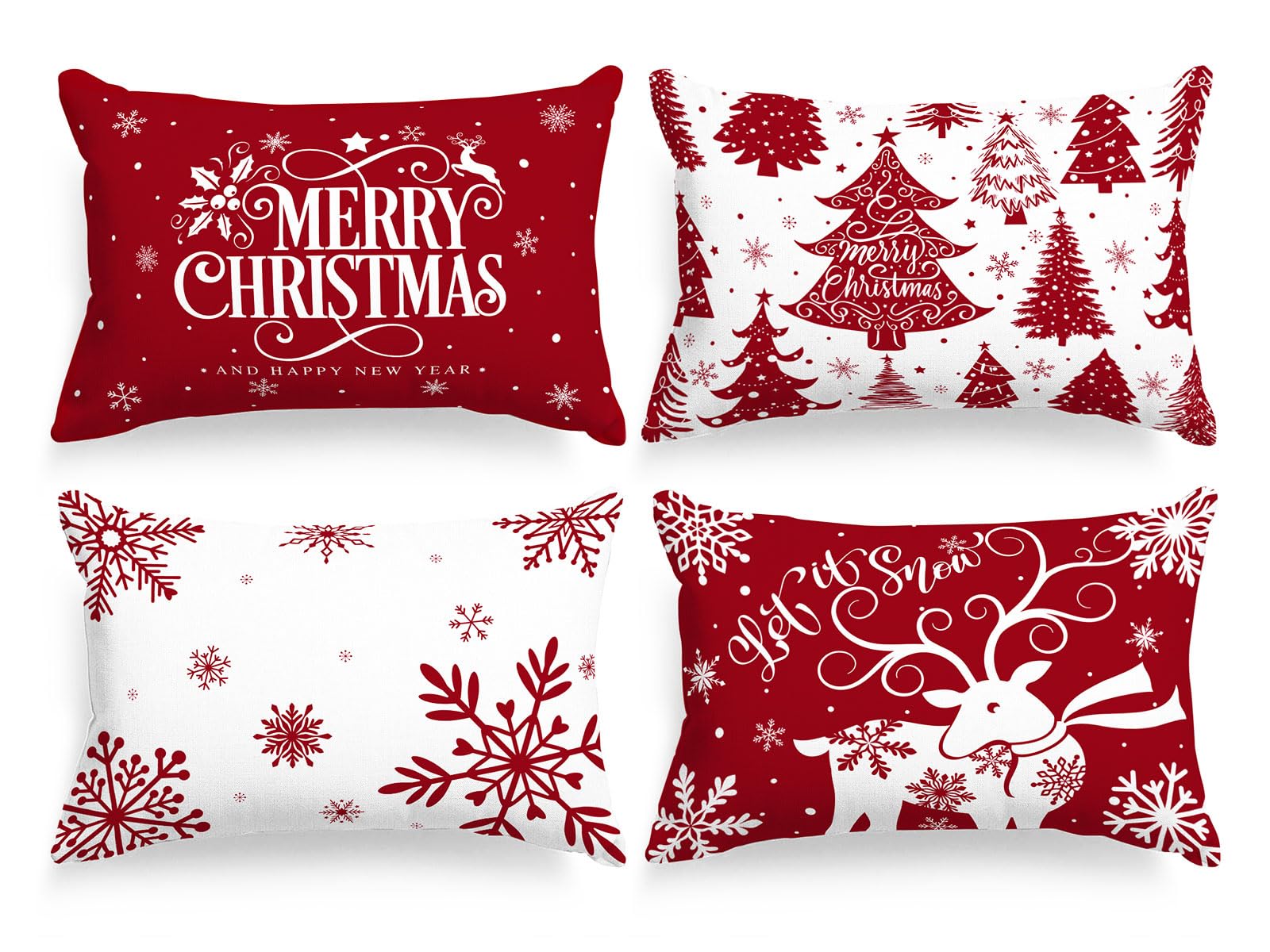 Lanpn White And Red 14X20 Christmas Lumbar Pillow Covers Set Of 4, Decorative Rectangle Long 14 X 20 Winter Snowflake Throw Pill