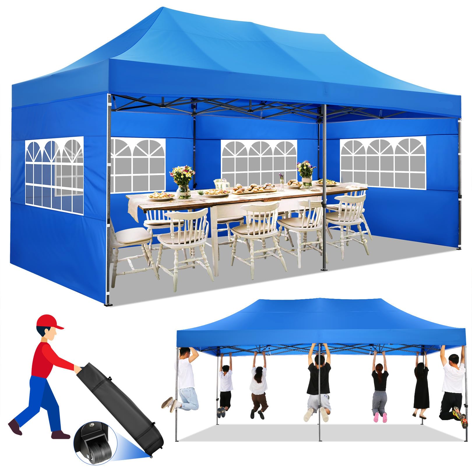 Tooluck 10X20 Heavy Duty Pop Up Canopy With 6 Sidewalls, Easy Set-Up Commercial Heavy Duty Tent, 100% Waterproof Outdoor Party W