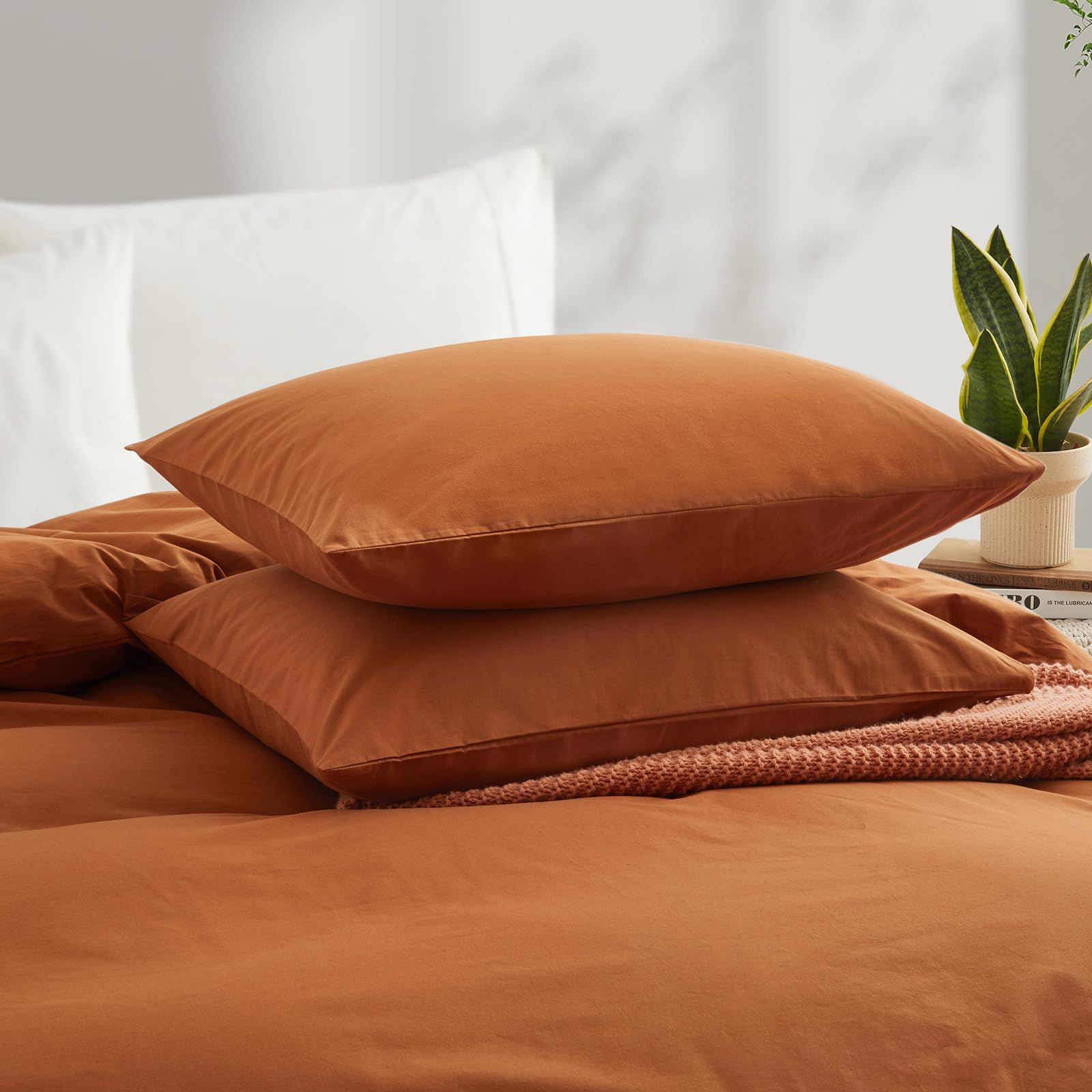 Lovque Burnt Orange Cotton Duvet Cover King Size, Linen Like Natural Bedding Set With Zipper Closure (No Comforter), 104X90 Inch