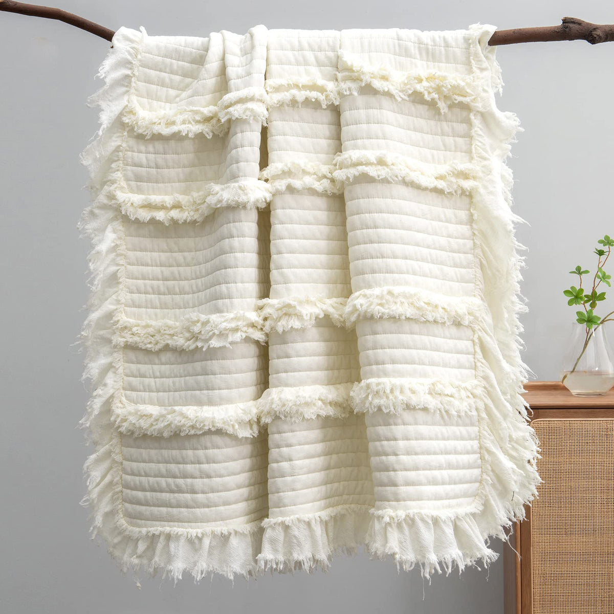 Ultra Soft Pre-Washed Warm Quilted Throw Blanket, Ruffle Fringed Cream Boho Decorative Throw, Stone Washed Chic Rustic Blanket F