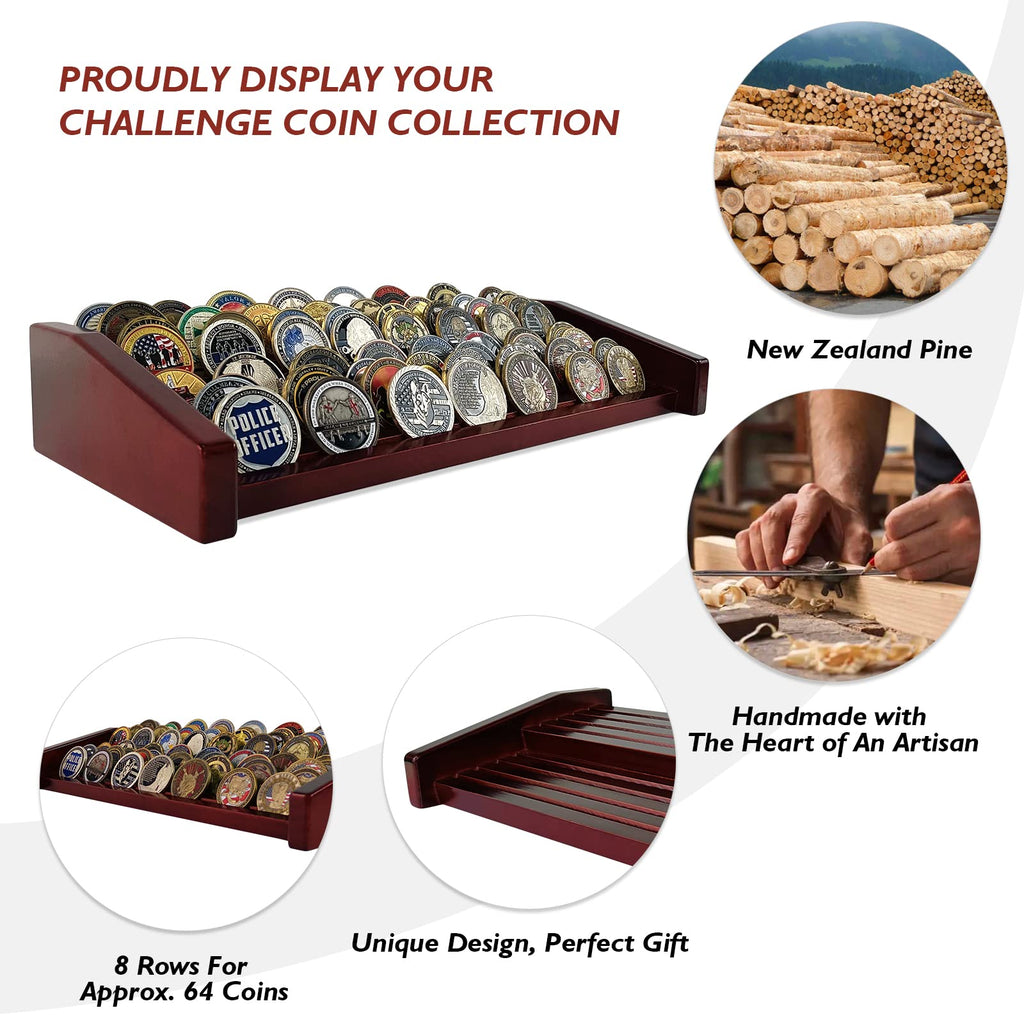 Asmileindeep 8 Rows Military Challenge Coin Display Stand - Holds 60-70 Coins, Solid Wood Army Police Coin Rack Display Holder F