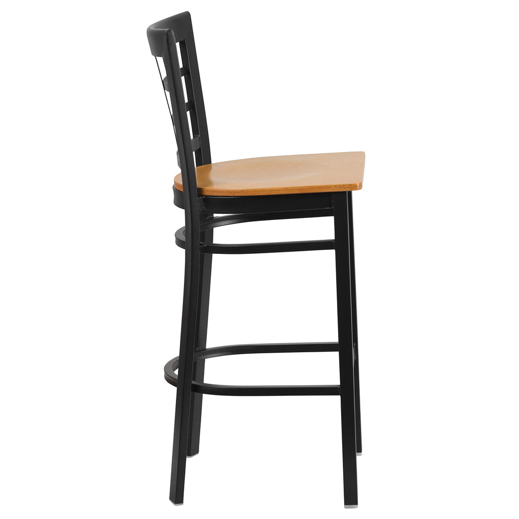 Flash Furniture HERCULES Series Black Window Back Metal Restaurant Barstool - Natural Wood Seat
