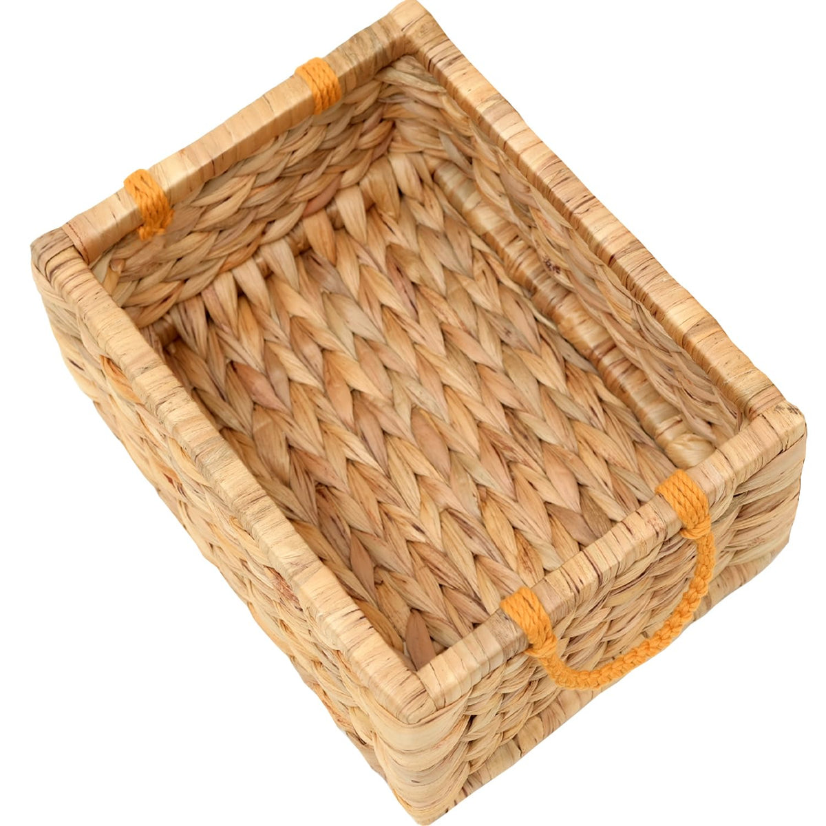 Small Woven Storage Basket with Macrame Handle, 12x9x5 Water Hyacinth Wicker Basket for Blankets, Rectangular Seagrass Basket fo