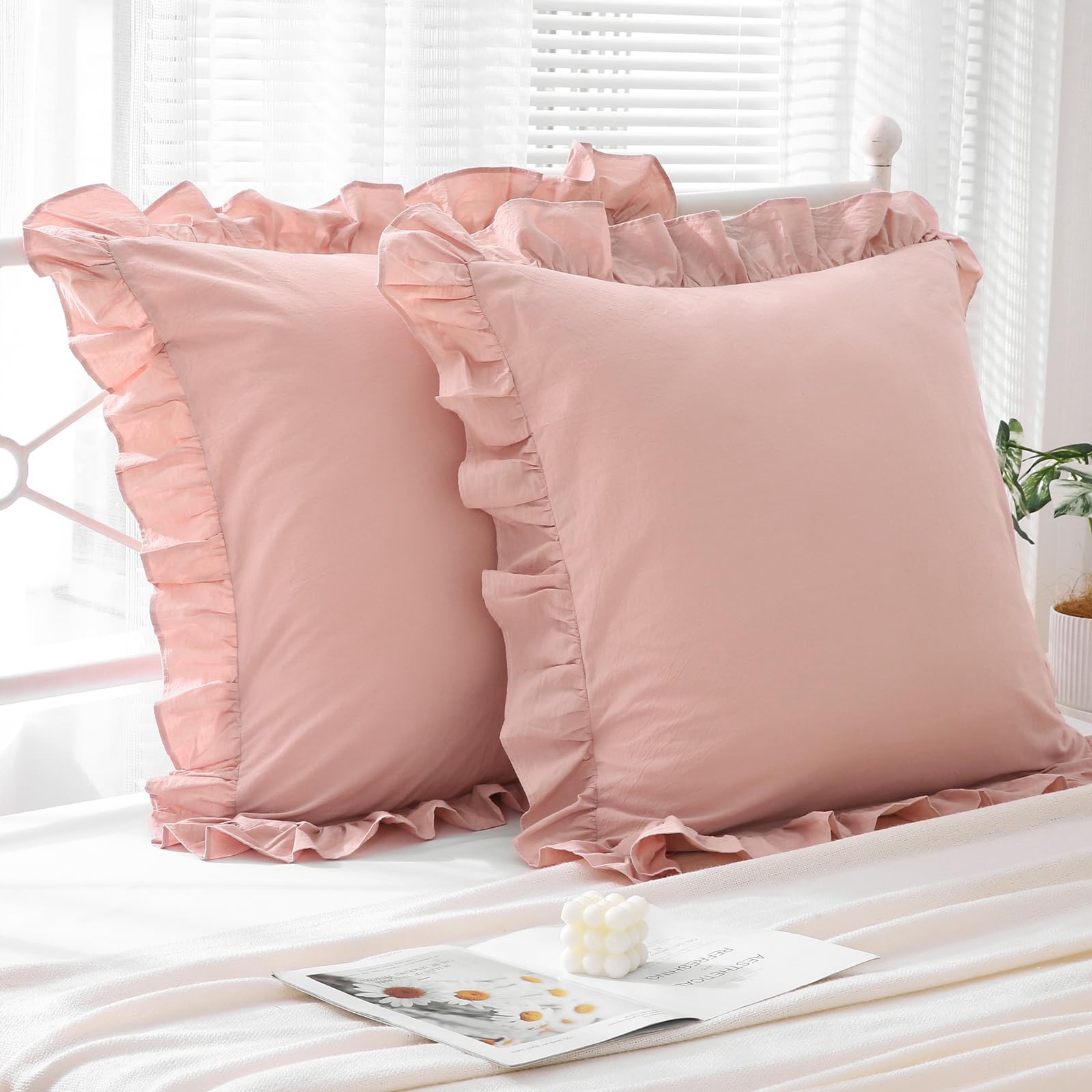 Mywinlle Dusty Rose Ruffle Euro Pillow Shams,Shabby 2 Pack Pillow Sham Covers Washed Cotton Pillow Cases (Dusty Pink,26''X26'')